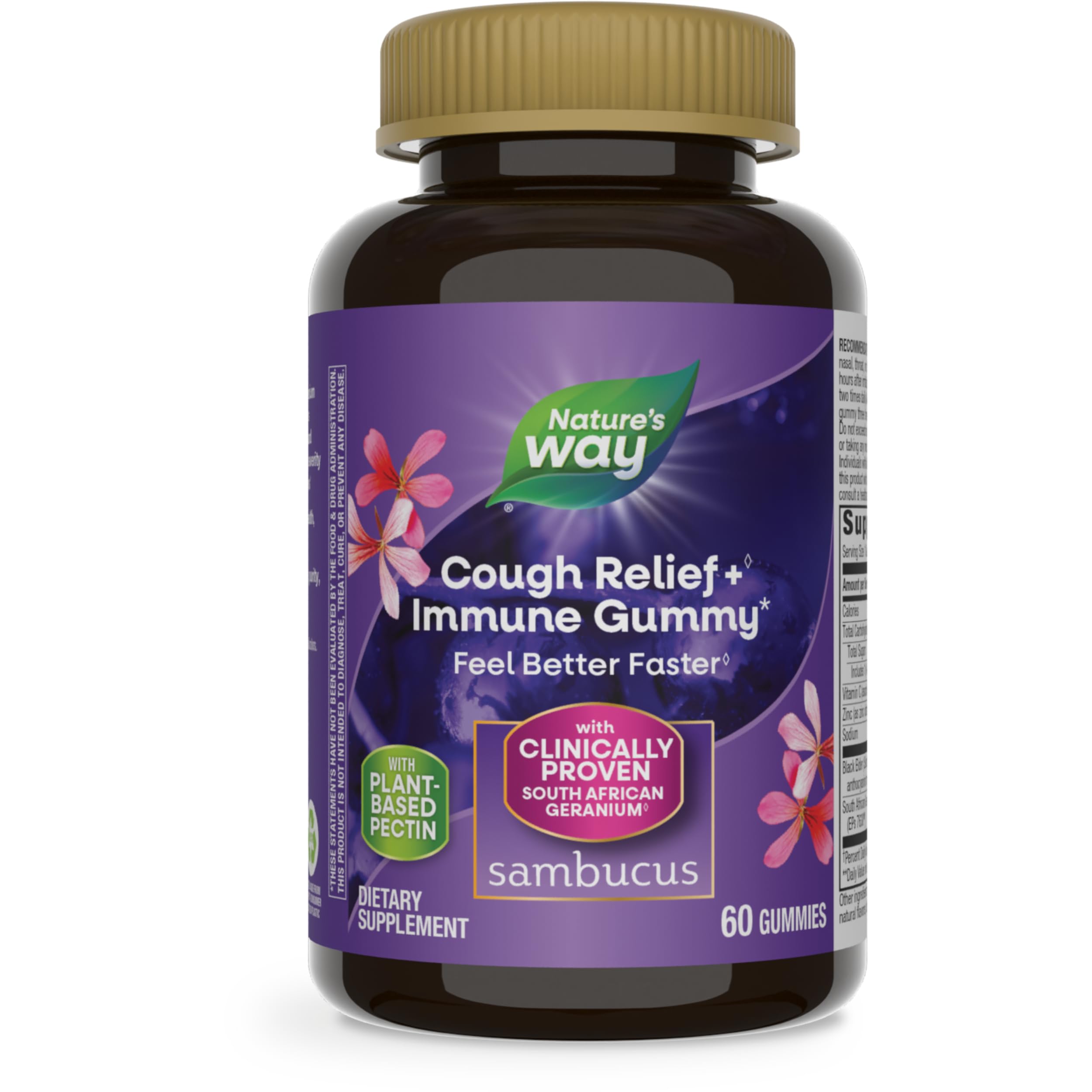 Nature's WaySambucus Cough Relief+, Immune Gummy, Feel Better Faster, Clinically Proven South African Geranium Root Extract, with Elderberry Extract, Vitamin C & Zinc, 60 Gummies(Packaging May Vary)