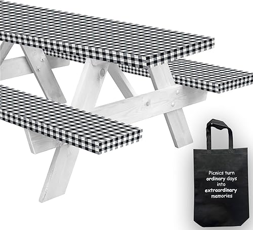 LINPRO Funda de mesa de picnic de 6 pies con fundas de banco, fundas de mesa de picnic ajustadas con elástico impermeable, a cuadros, mantel de