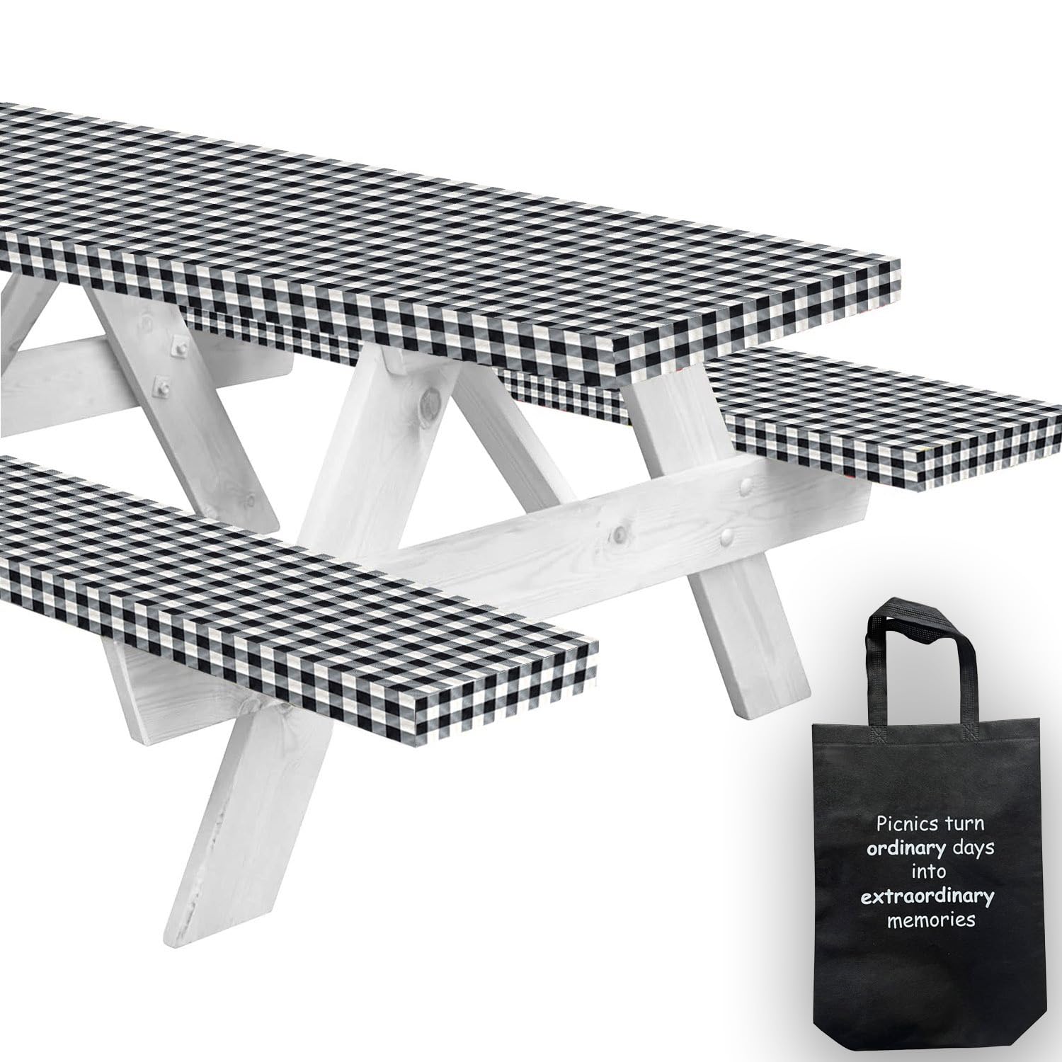 LINPRO 8ft Picnic Table Cover with Bench Covers Vinyl Fitted Picnic Table Covers with Elastic Camping Essentials and Picnic Tablecloth and RV