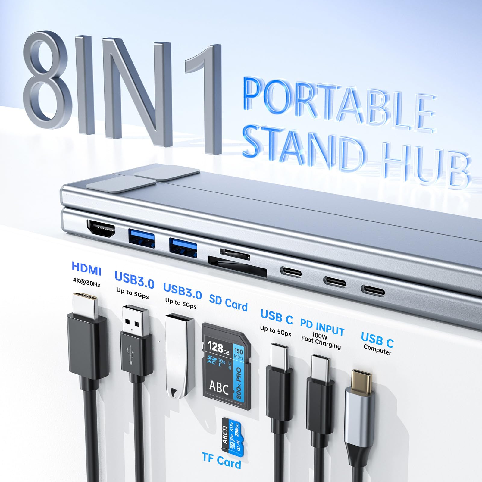 Stacja dokująca USB-C stojak na laptopa, 8 w 1, koncentrator USB C, składany stojak na tablet z 4K HDMI, USB 3.0, PD 100 W, karta SD/TF, uniwersalna stacja dokująca do MacBooka/MacBooka Pro