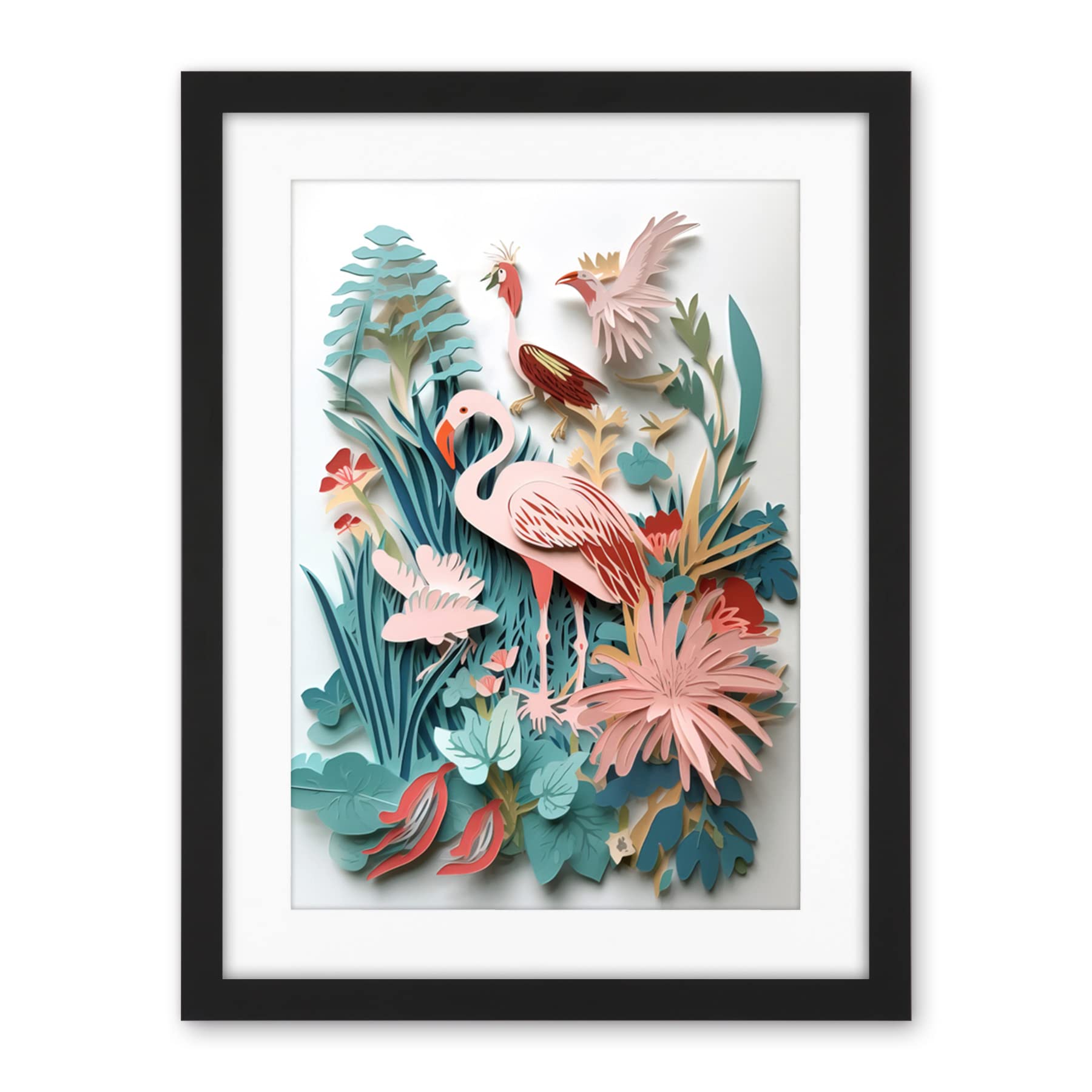 Artery8 Tropical Plants And Birds Multi-Dimensional Paper Kirigami Art Print Artwork Framed Wall Art Print 18X24 Inch