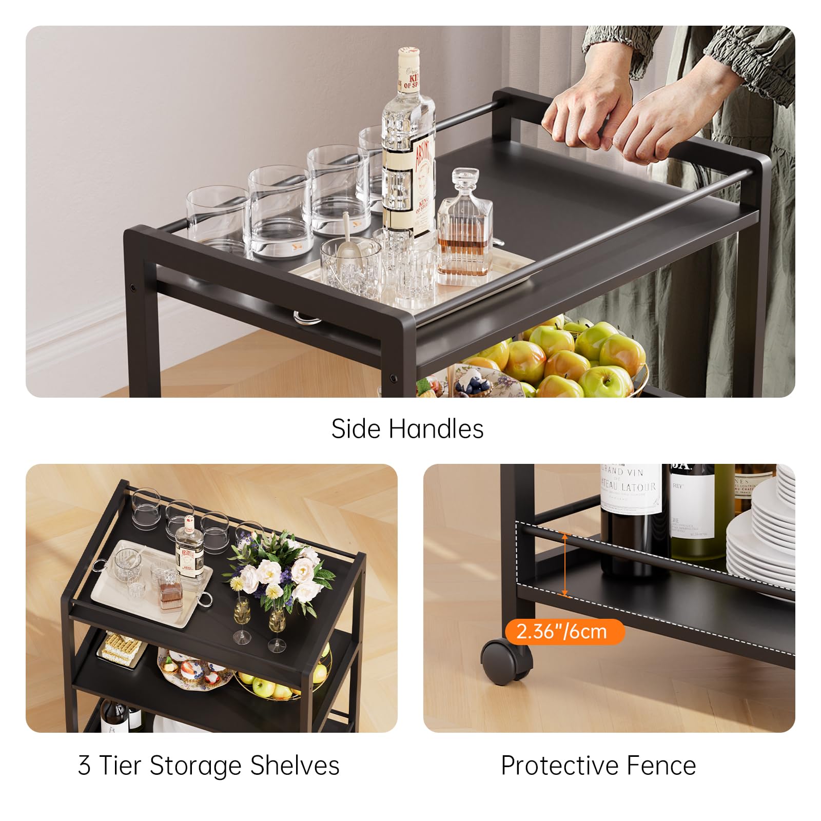 HITNET Carrito de Bar, Carro Bebidas de 3 Niveles, Carrito Auxiliar de Servicio con Ruedas, Ideal para Cocina, Baño y Oficina, Color Negro