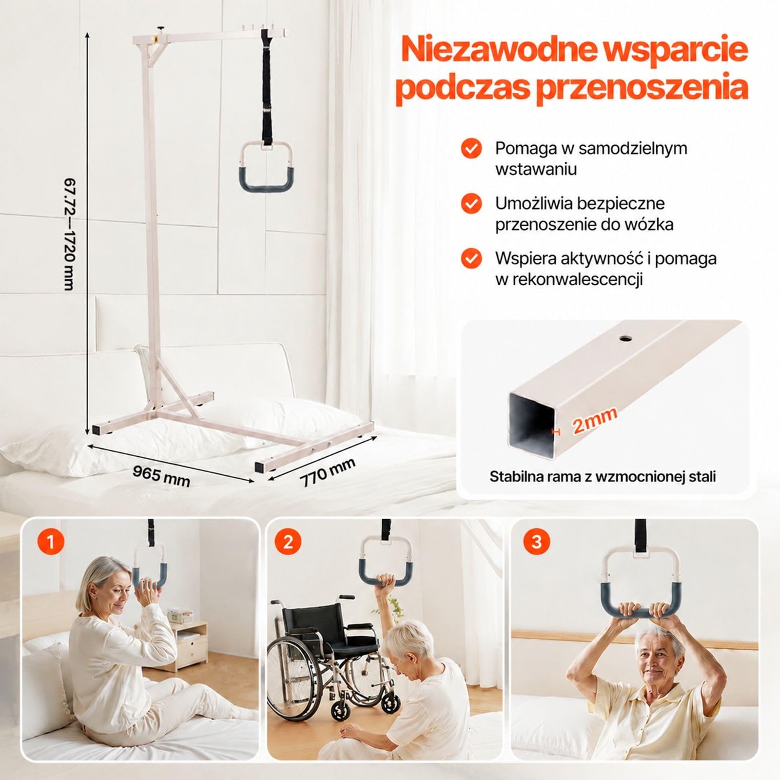 Wolnostojący uchwyt przyłóżkowy z rączką trapezową, rama ze stali Q195 z powłoką proszkową, regulowana wysokość uchwytu
