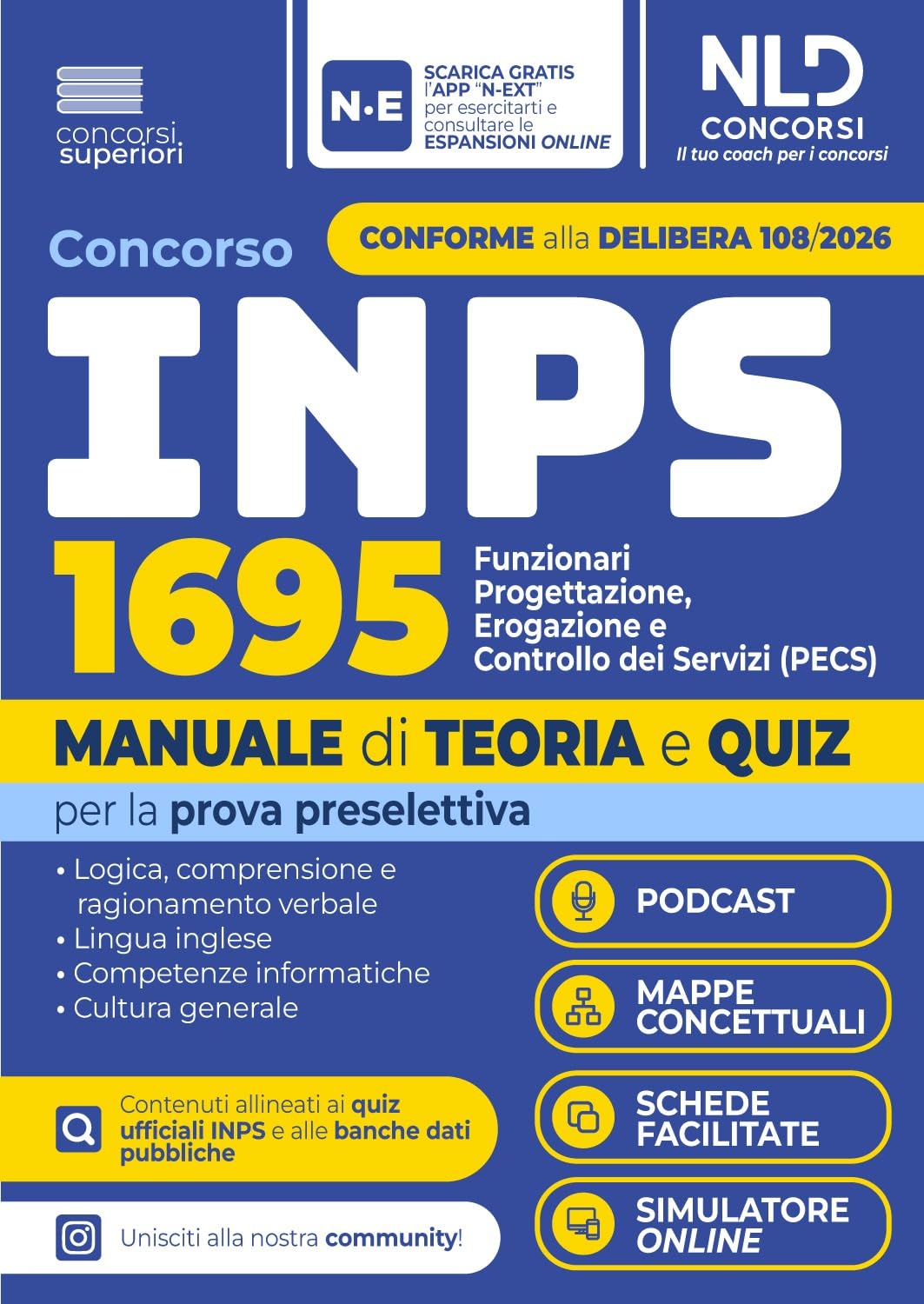 Concorso INPS 2026 1695 Funzionari Progettazione erogazione e controllo dei servizi (PECS) Manuale di teoria e quiz per la prova preselettiva