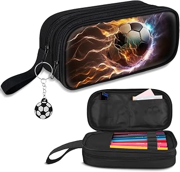 TILYTADLY Large Pencil Case for Boys - Soccer Boys Pencil Pouch with Zipper Compartments - Big Capacity Pen Box Pen Bag Organizer with Keychain for Kids Teens School