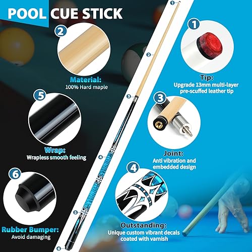 Miniatura 3 de Taco de billar con estuche rígido, kit de taco de billar de arce, punta de cuero multicapa de 13mm (0.51 pulgadas), juego de taco de billar