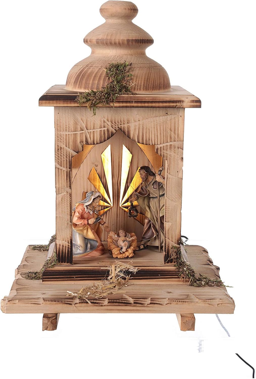 Wood Lantern with Holy Family Inside, 12 cm Original Nativity Model, in Painted Val Gardena Wood