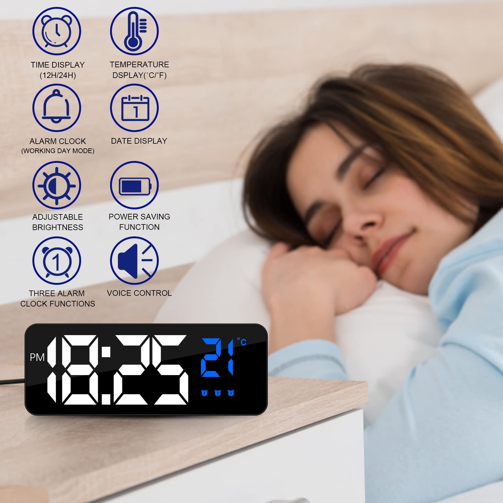Jsdoin - Sveglia digitale, grande display a LED, con visualizzazione della temperatura, orologio da comodino USB/batteria con 3 sveglie modello Snooze, 12/24 ore, oscuramento automatico di notte,