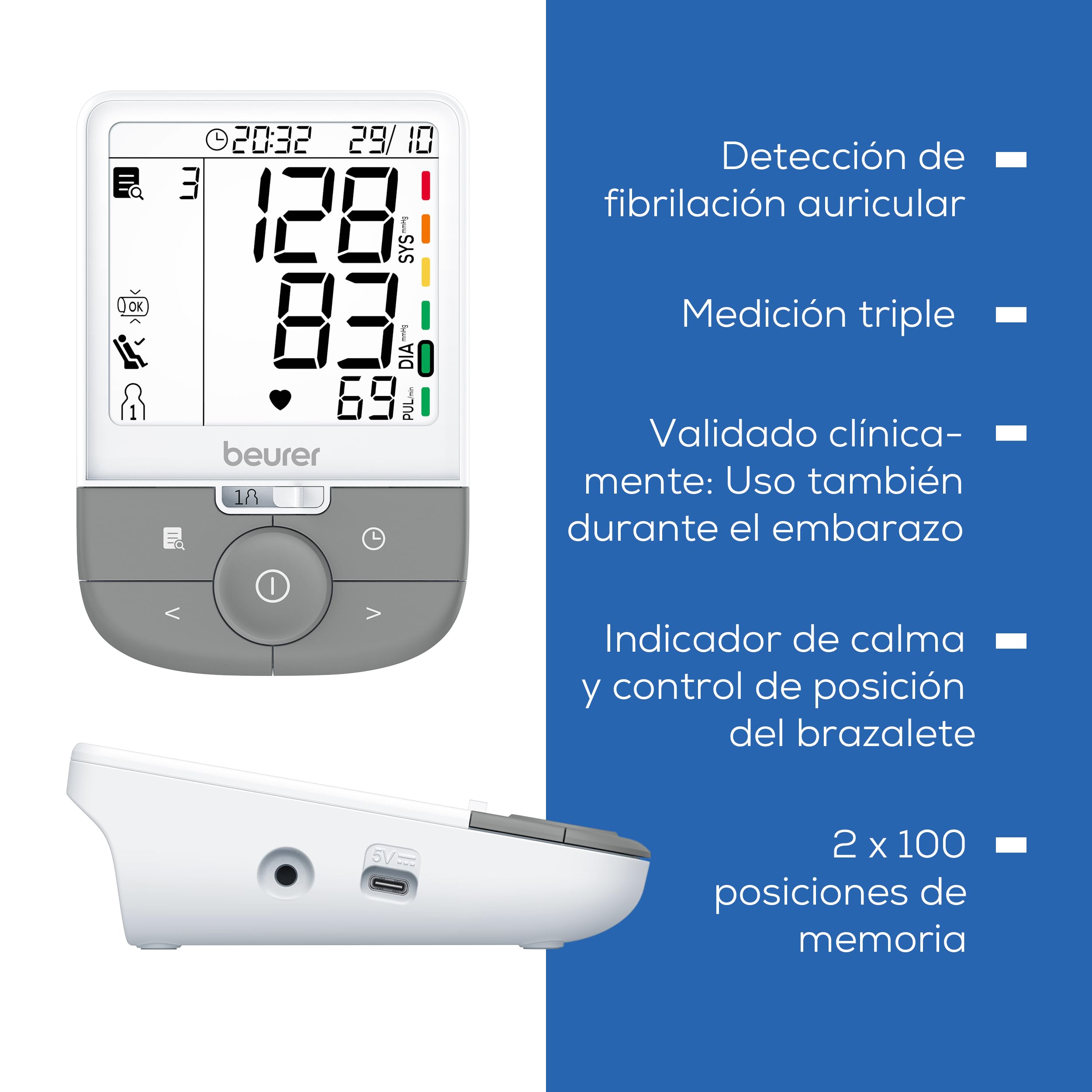Beurer BM 53 Tensiómetro de brazo, fabricado en Europa, clínicamente validado, detección de AFib, indicador de riesgo, brazo 22-42 cm, transferencia de datos a Apple Health