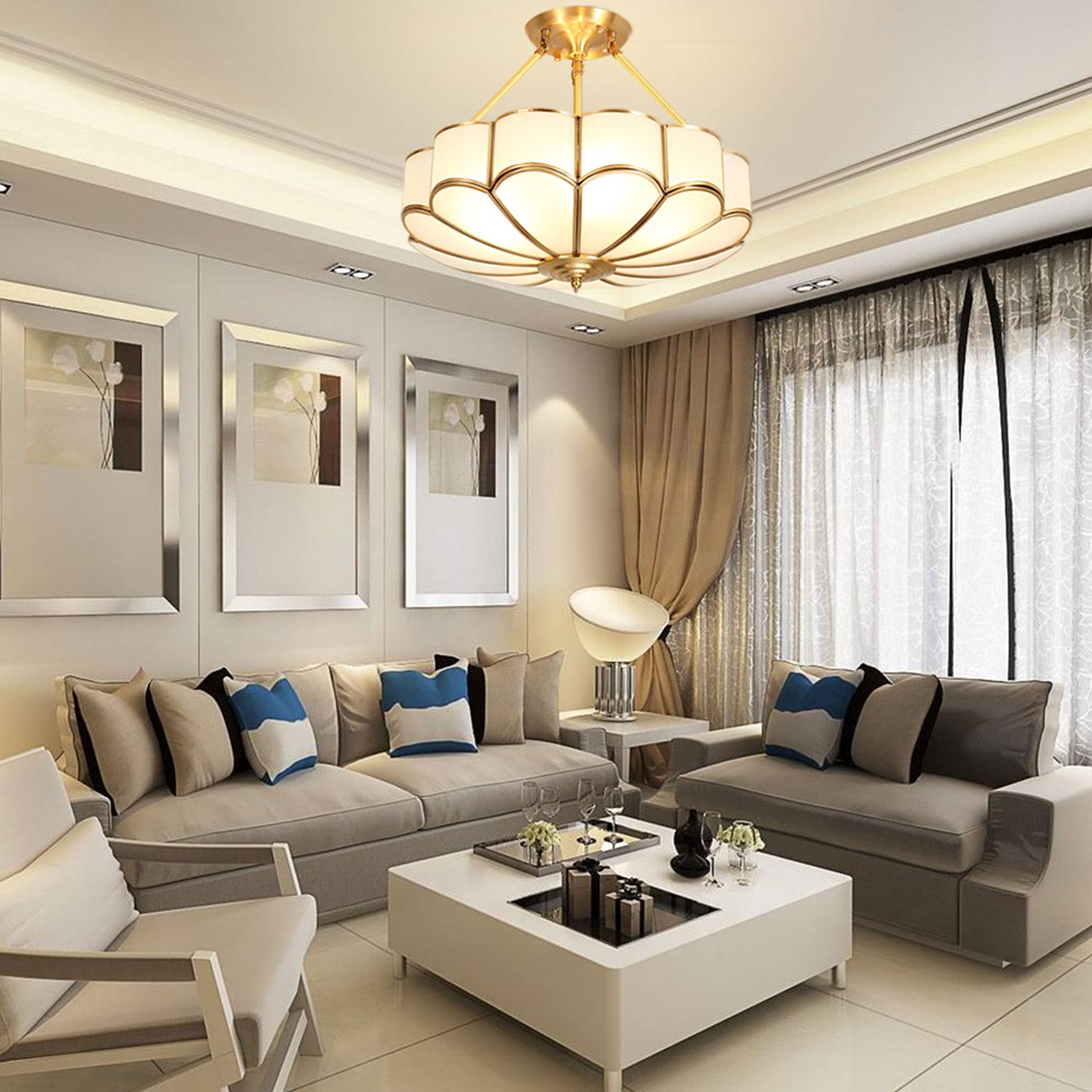 23inch Pendant Light, 6-Light Semi Flush Mount Ceiling Light with Glass Lampshade, Gold Vintage Chandeliers Light Fixture for Bedroom Dining Living Room Entryway Foyer