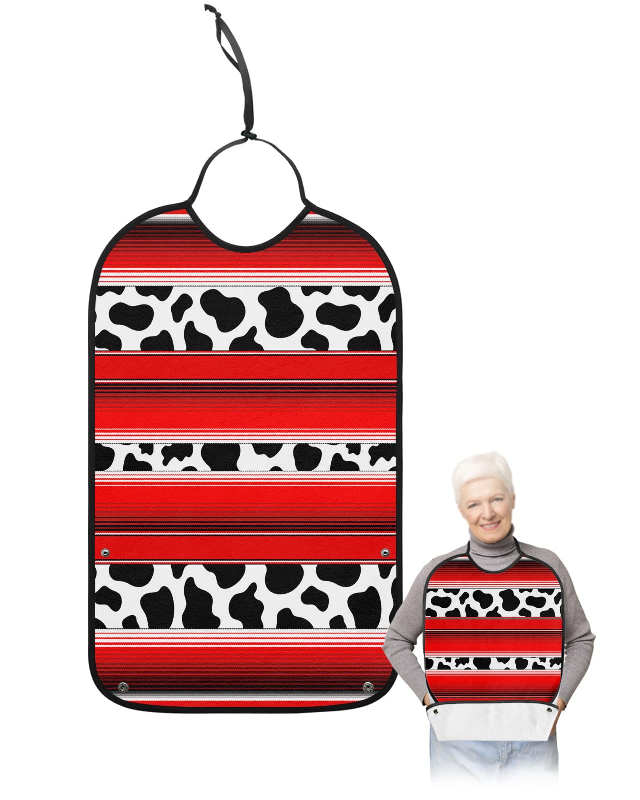 Red Buffalo Plaid Leopard Print Adult Bibs for Eating, Waterproof Bibs with Food Catcher & Adjustable Snap Closure, Black White Cheetah Animal Texture Clothing Protectors Adult Bibs for Elderly
