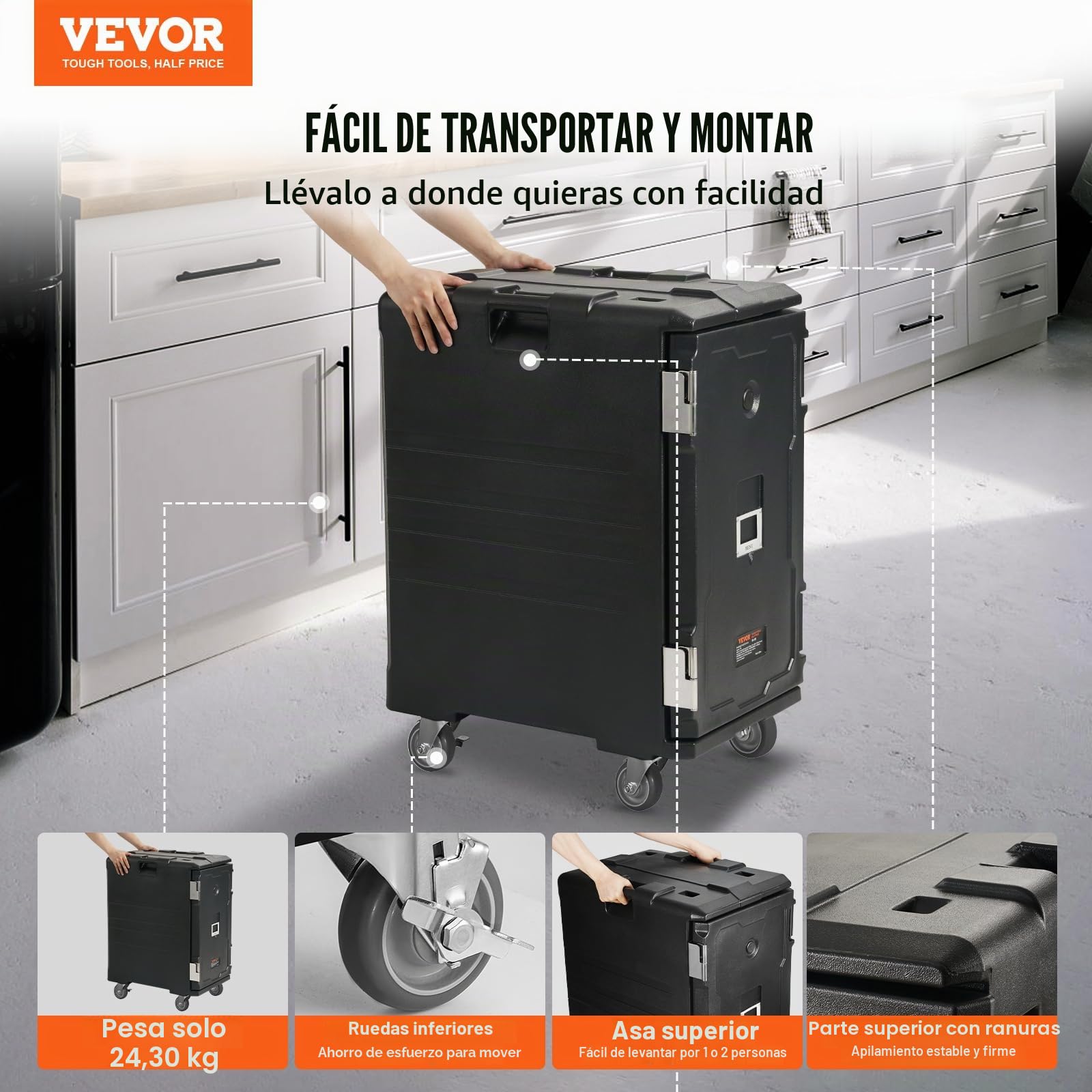VEVOR Porta Bandejas para Alimentos con Aislamiento Caja Caliente de 120 L para Catering Porta Cajas de Alimentos con Hebillas Dobles Carga Frontal con Asas con Ruedas para Restaurante, Cantina