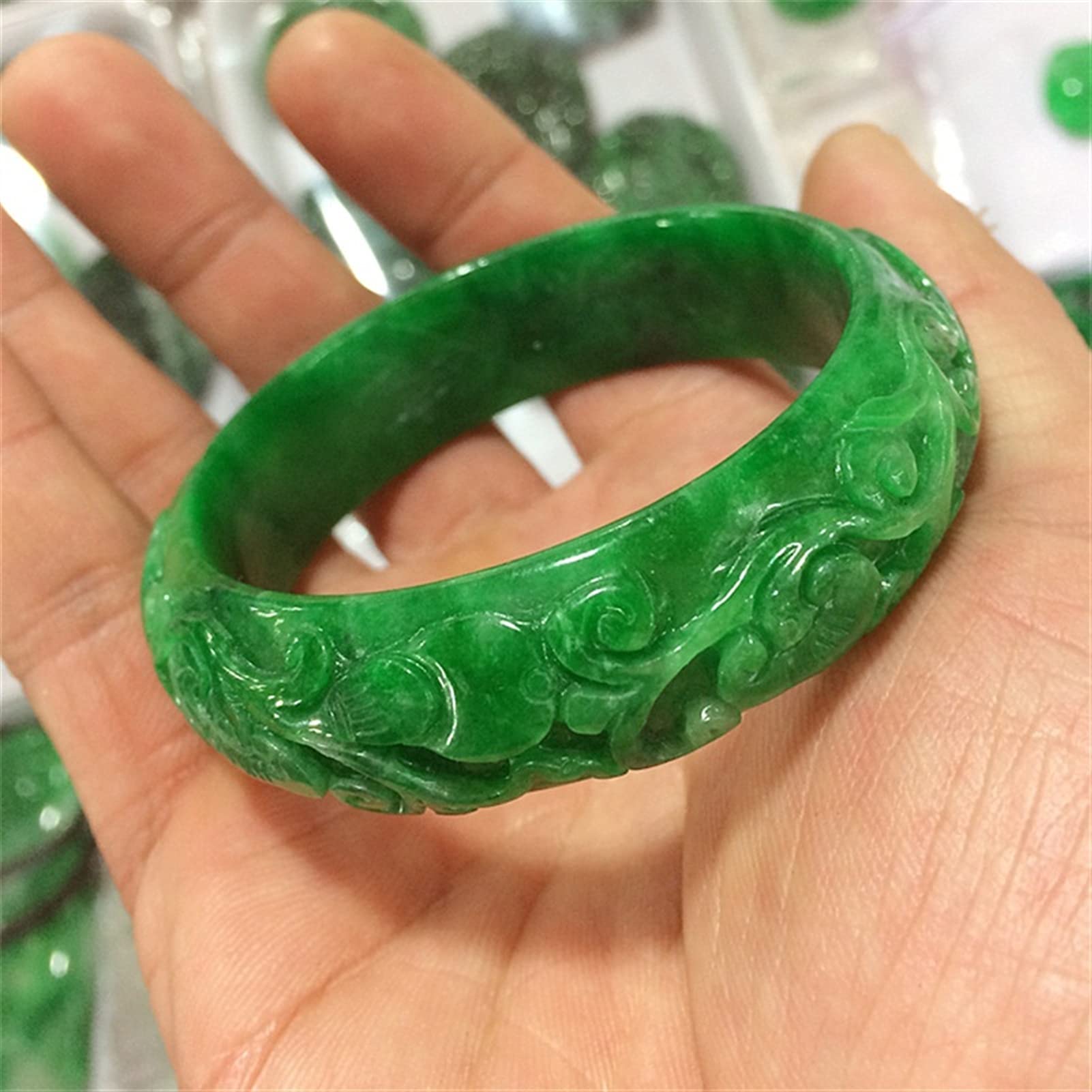 YZDKJ Emerald Hand Carved Pattern Flower Bangle Jade Bangle Green Jade Bangles Women Emerald Bracelet (Gem Color : 54-56mm)