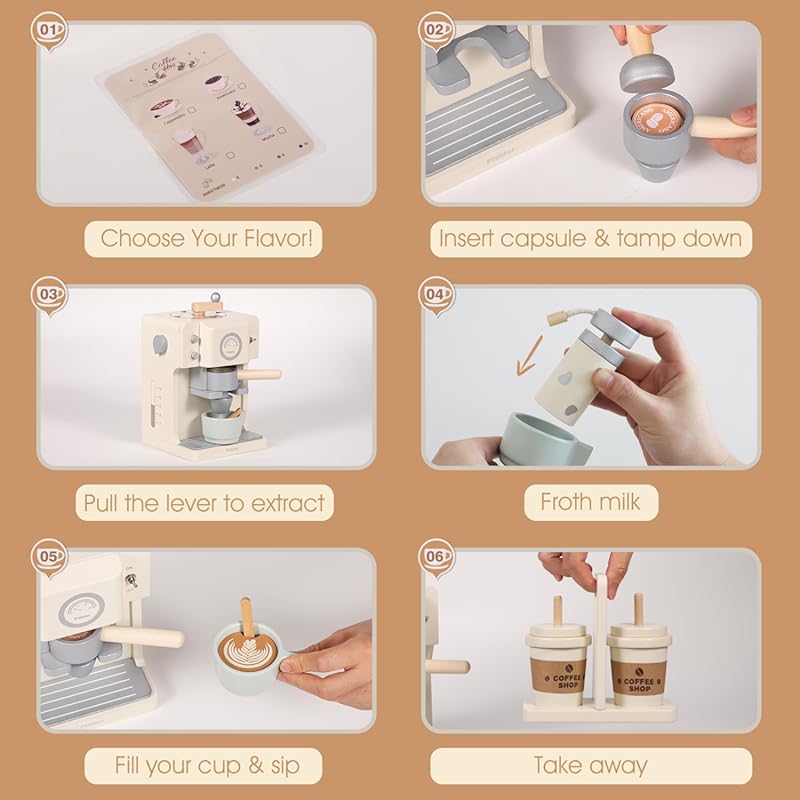 Kids Wooden Coffee Playset with Grinder, Toy Coffee Maker for Kids Toddlers, Pretend Play Kitchen Appliances & Accessories Toy Gift for Boys Girls