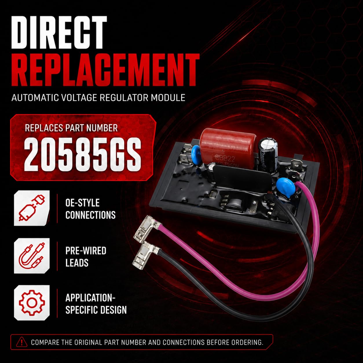 Flecto Regulator napięcia 20585GS kompatybilny z generatorem Briggs & Stratton, zamiennik # 2058566 991-3465-00, przywraca stabilną moc wyjściową i chroni podłączone urządzenia