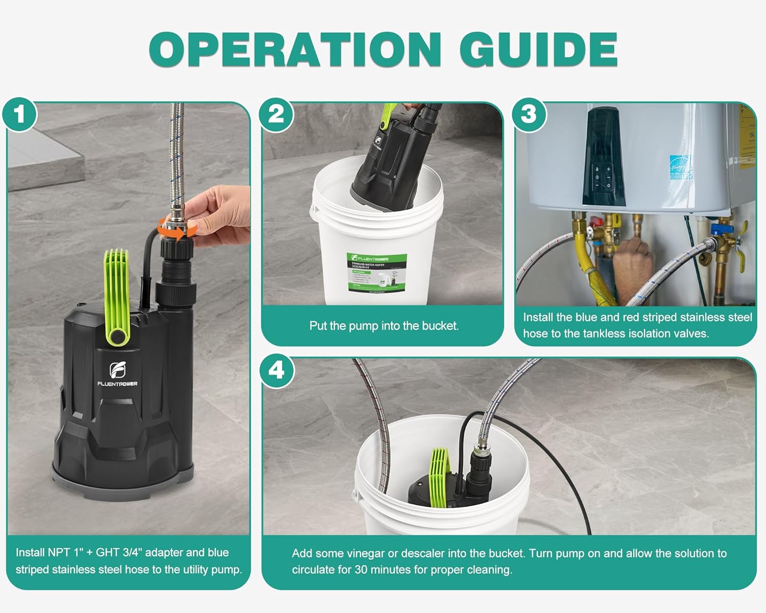 FLUENTPOWER Tankless Water Heater Descaling Flush Kit, Includes 1/2HP Submersible Utility Water Pump with Adapters, 5.3 Gallon Pail with Bucket Lid Opener, Two 3/4"GHT x 6' Stainless Steel Hoses