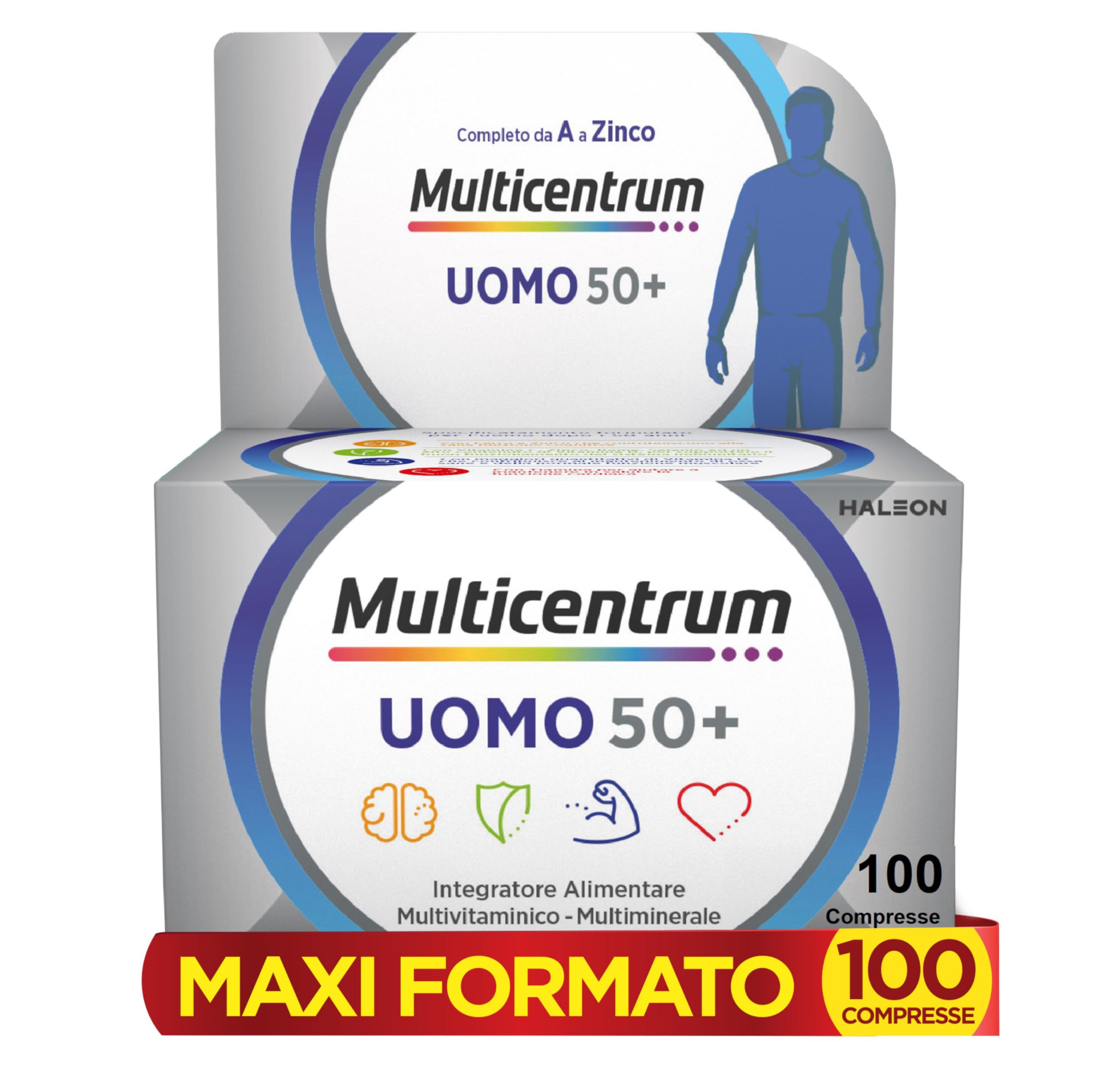 Multicentrum Uomo 50+ Integratore Alimentare Multivitaminico Completo, con Vitamina D3, Supporto Contro la Stanchezza per Uomini oltre 50 anni, 100 Compresse​