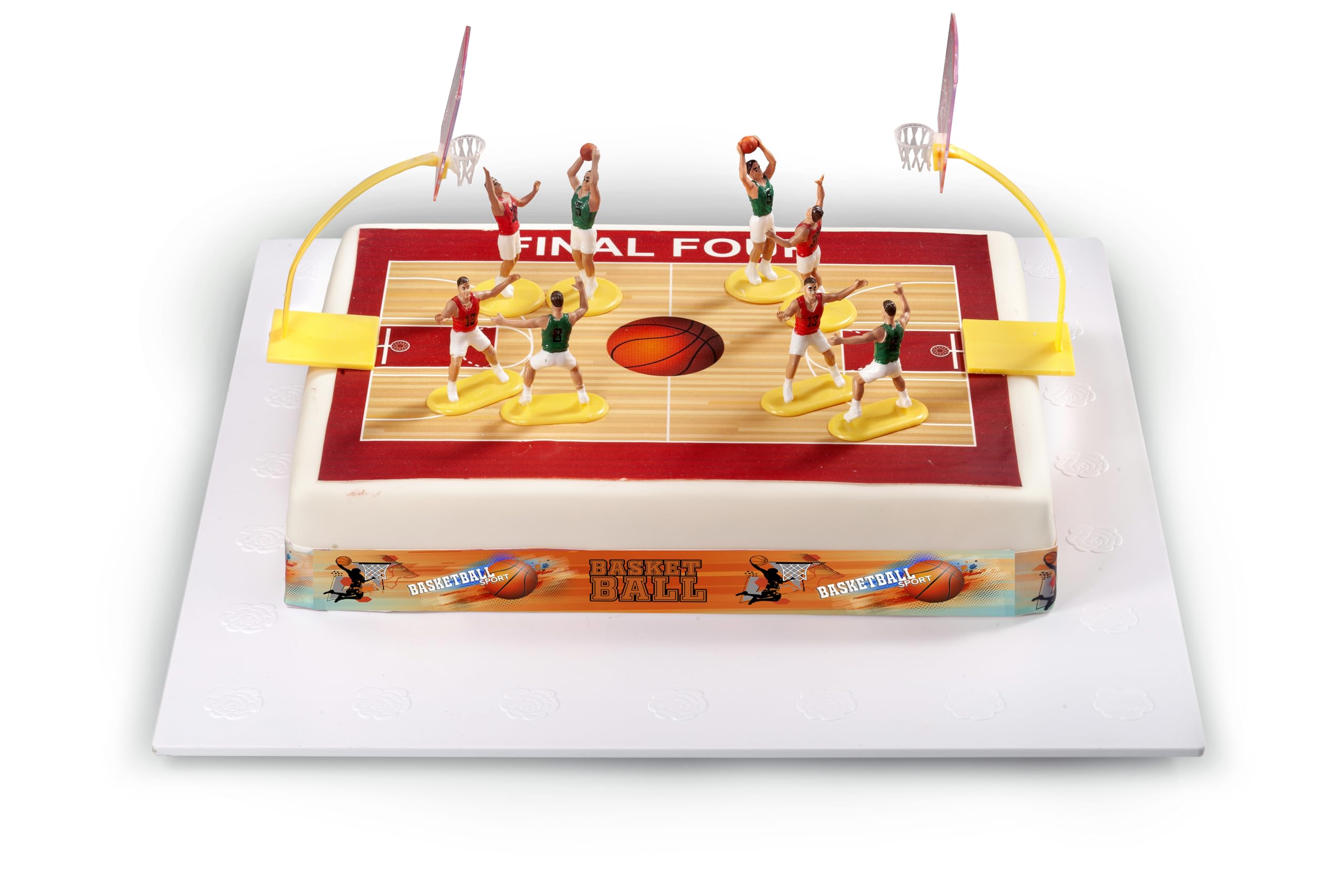 Basketball Cialda per Torte in Pasta di Zucchero - Ostia Decorativa Commestibile per Torta - Divertenti Decorazioni - 21x28 cm + 4 Nastri 28x4cm + 10 Figurine 3D