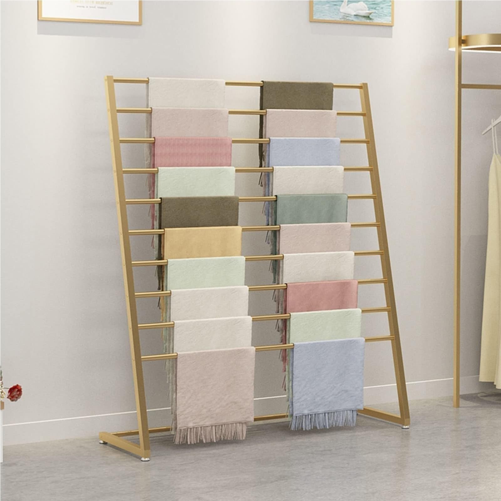 Schalhalter Aufbewahrung - Hijab Schals Display Rack - Handtuchstangen Organizer Rack, Bodenstehende Bettlaken, Gürtel, Anzug, Hosen, Zum Aufhängen, Kleiderständer Für Einzelhandelsgeschäfte(Gold,60X4