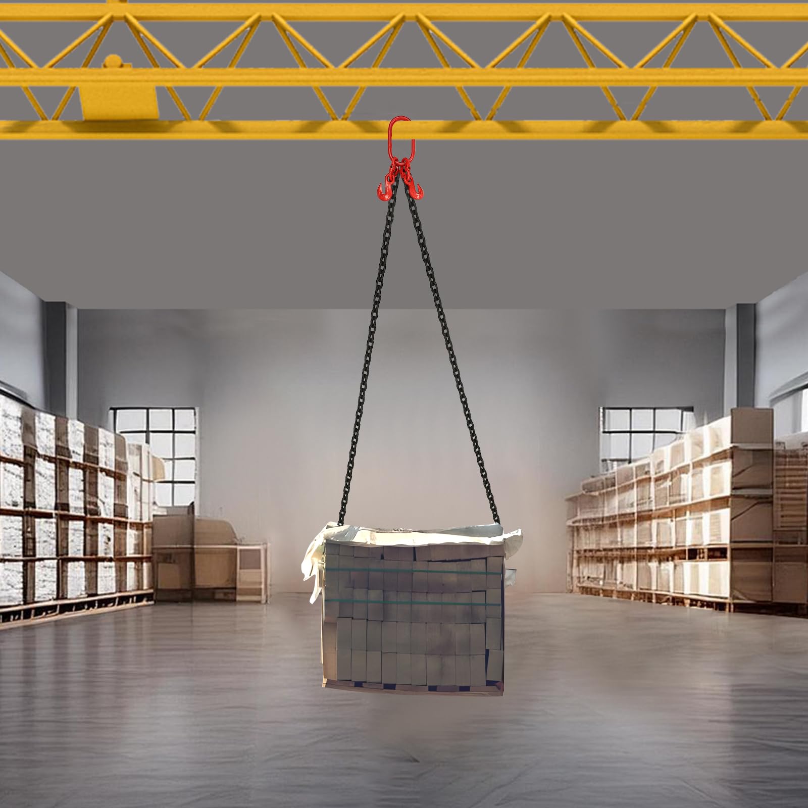 Gancio per catena a due gambe, 2 metri, con gancio di sicurezza, catena di sollevamento robusta in acciaio per gru, officina, magazzino e cantiere, imbracatura universale per il trasporto di carichi