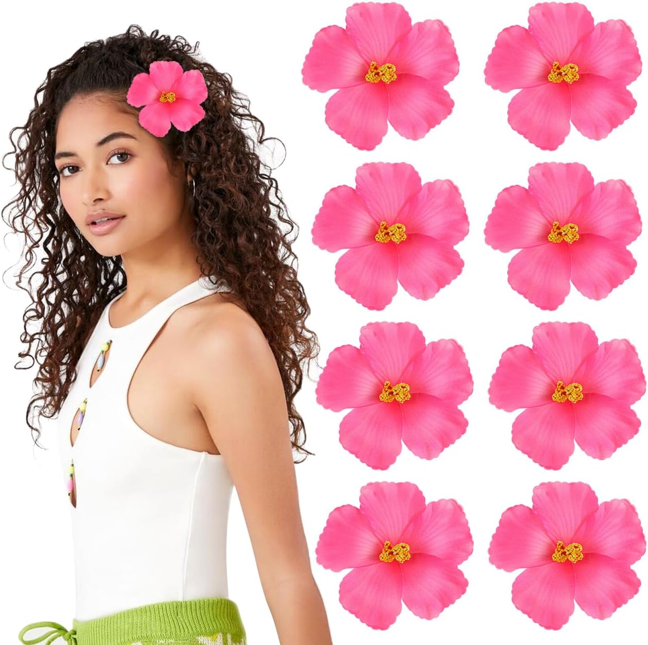 ULTECHNOVO 10 Pcs Pink Hibiscus Flowers Artificial for Cake Decorating, 4" Realistic EVA Foam Hawaiian Flowers for Tropical Luau Party Decor, DIY Beach Hair Accessories and Wedding Floral Arrangements