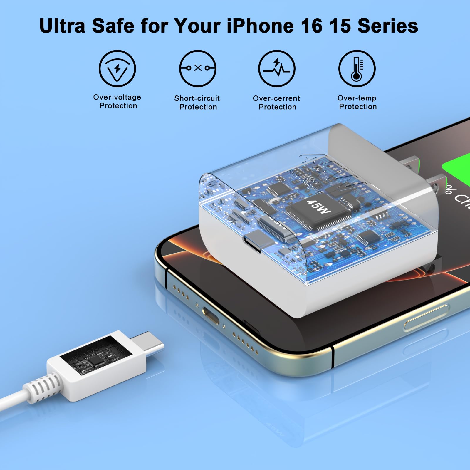 45W USB C Fast Charger Compatible for Google Pixel 9/9 Pro/9 Pro XL/8/8A/8 Pro/7 Pro/7A/7/6/5/4/3 XL, 2 Pack 45W Type C Wall Charger Super Fast Charging Block with 10FT Long USB C to USB C Cable Cord