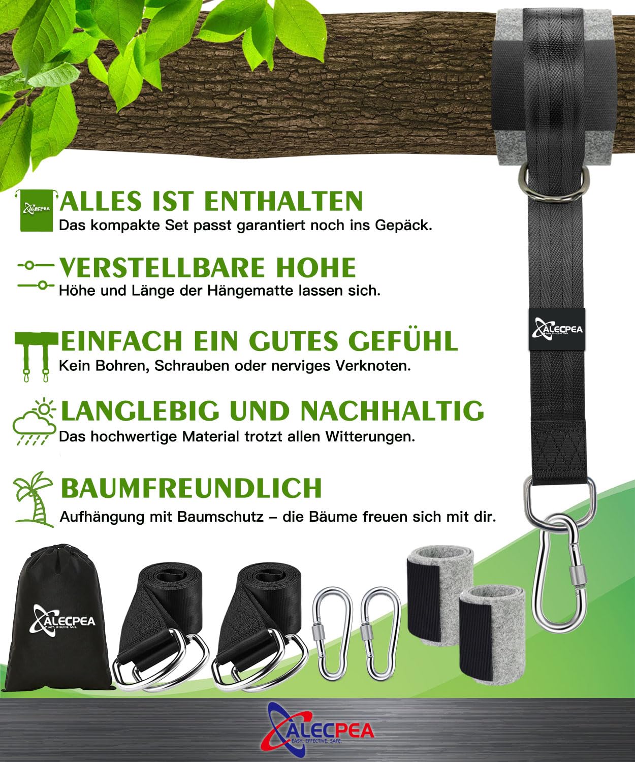 ALECPEA 900KG Schaukel- und Hängematte-Befestigungssatz - All-Inclusive 2er-Set | 150cm x 5cm Hängemattengurte | Inklusive Karabinern, D-Ringen, Aufbewahrungstasche und Baumschutzpolstern - 3