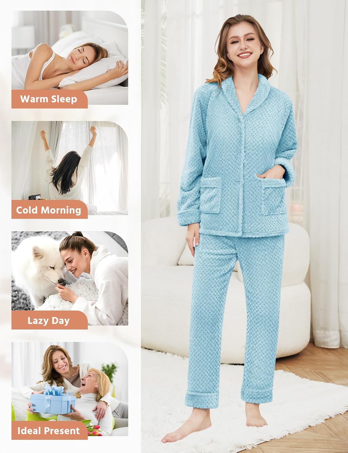 Women's Warm Fleece Pajama Sets, Long Sleeve Soft Sleepwear Button Down Winter Lounge PJs Sets with Straight Pockets - Image 5