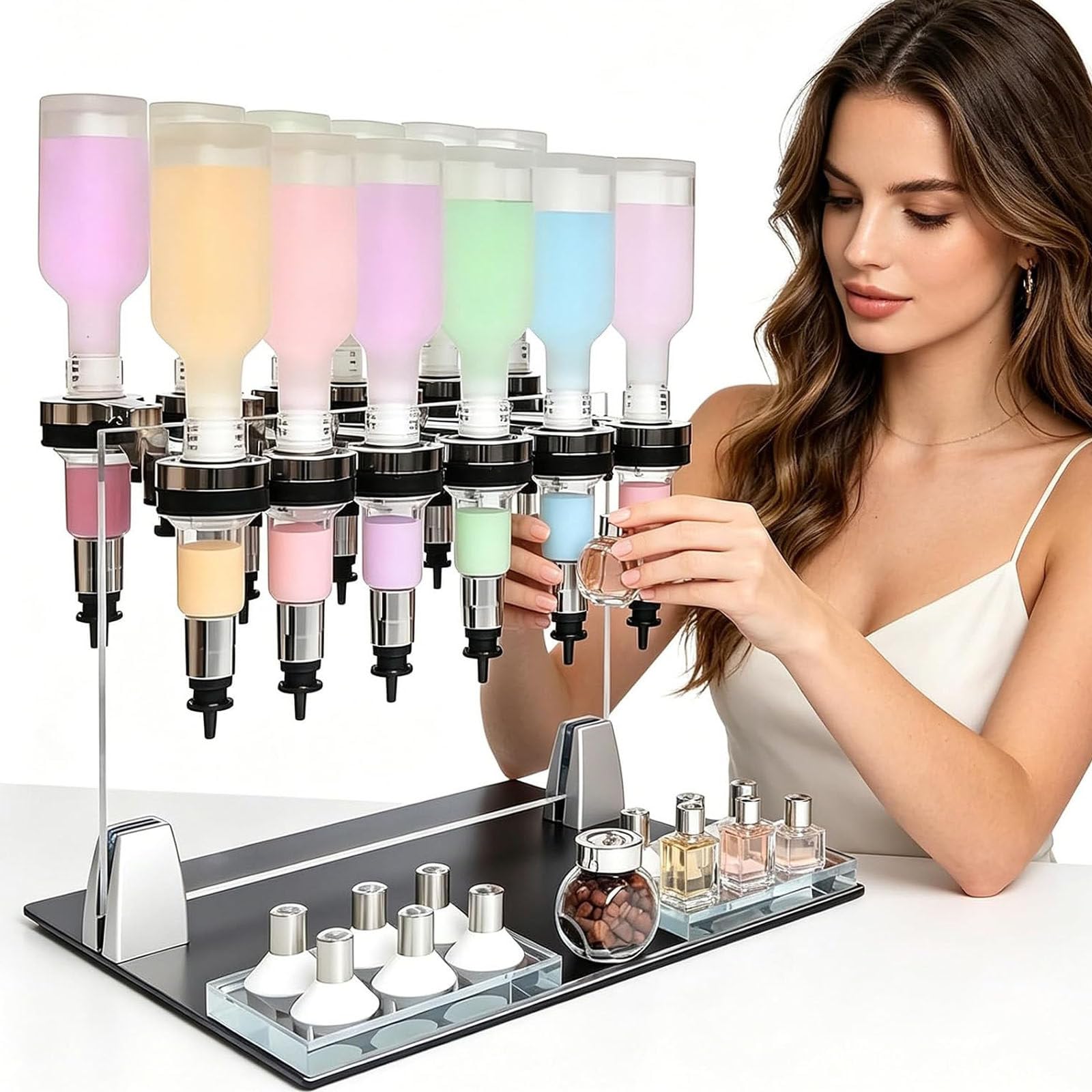 Dispenser manuale di profumo,con testine di pompaggio regolabili, macchina per il riempimento di liquidi, pompa di trasferimento per profumi, dispenser in vetro con supporto per profumi 12heads