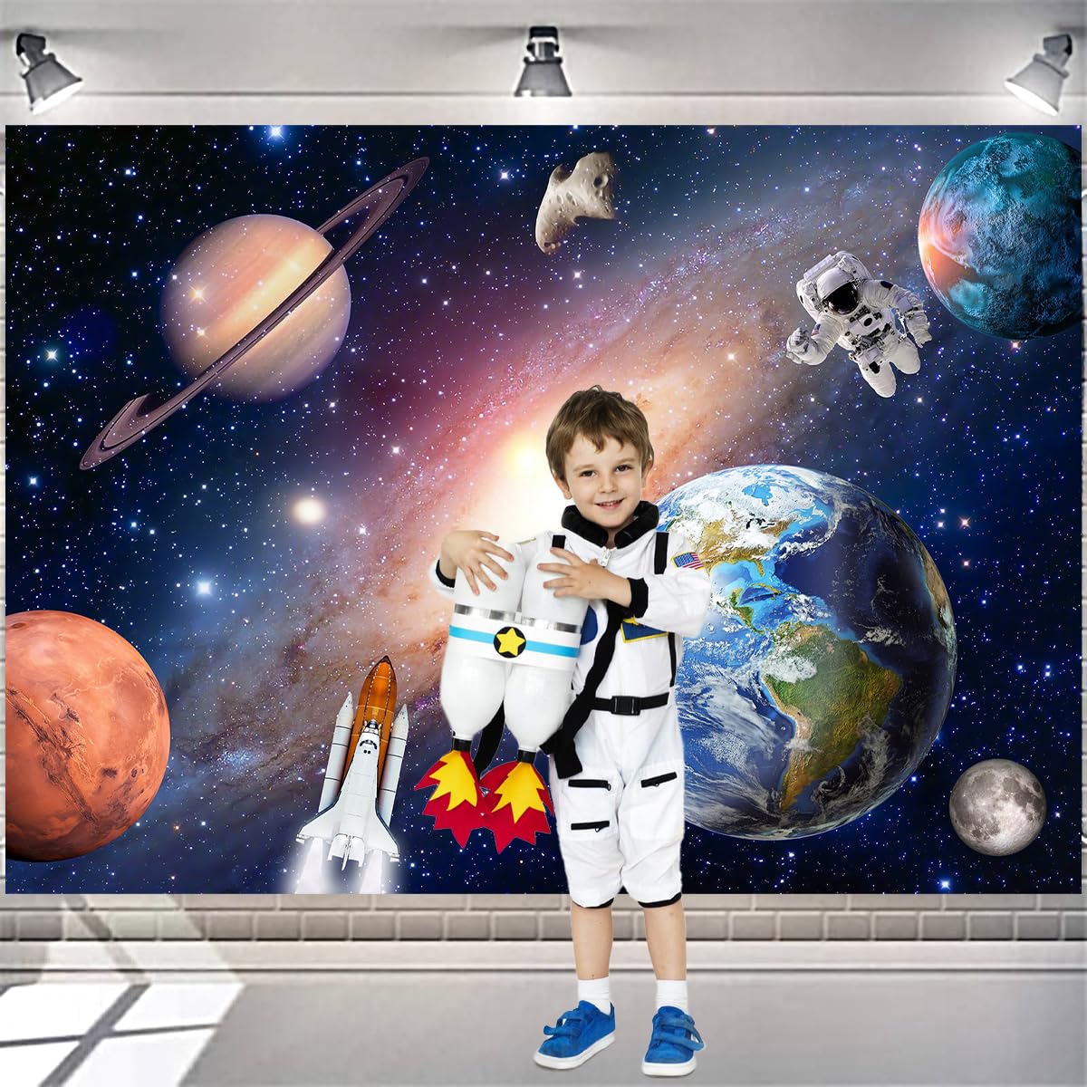 Telón de fondo del espacio exterior para bebés y niños, astronautas, cohetes, naves espaciales, universo, planetas, fondo perfecto para decoración de fiesta de cumpleaños temática de galaxia