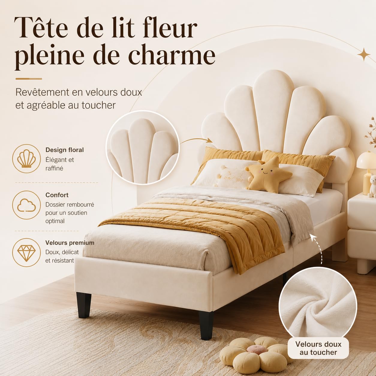 Lit Enfant 90x200 cm, Lit Simple Rembourré avec Tête de Lit en Forme de Fleur, Design Pétales en Velours Beige, Hauteur Réglable, Cadre de Lit avec Sommier à Lattes pour Adolescent et Adulte