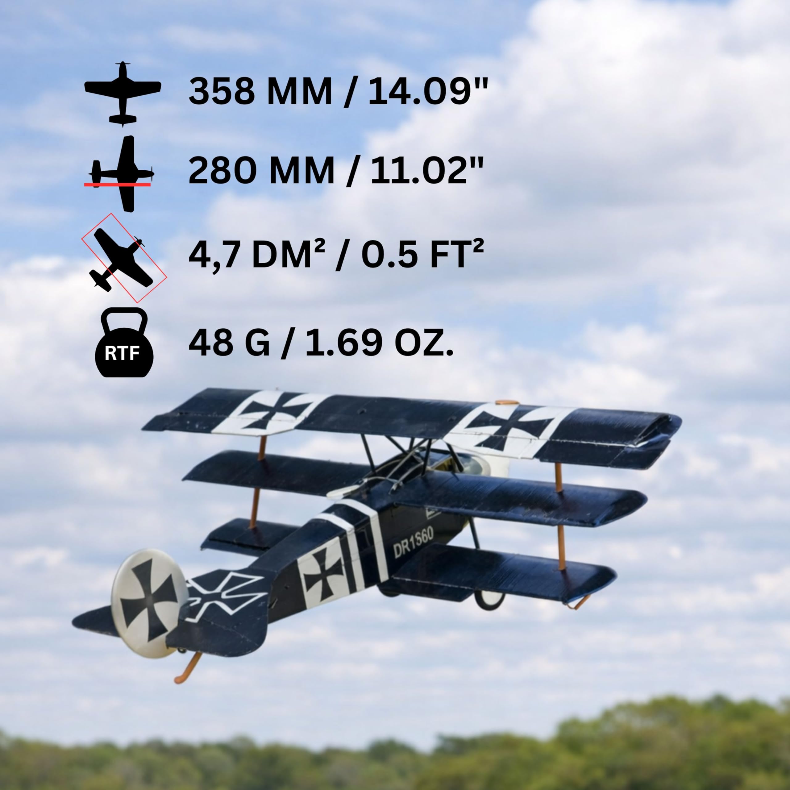 Fokker Dr.1 Slow Flyer Modellflugzeug Kit, Maßstab 1:20, 358 mm Spannweite, RC Flugzeugmodell Baukasten, Modell Flugzeug zum selbst Bauen, gelaserte Balsa Holz Bauteile, 358 x 280 x 135 mm, 48 g RTF