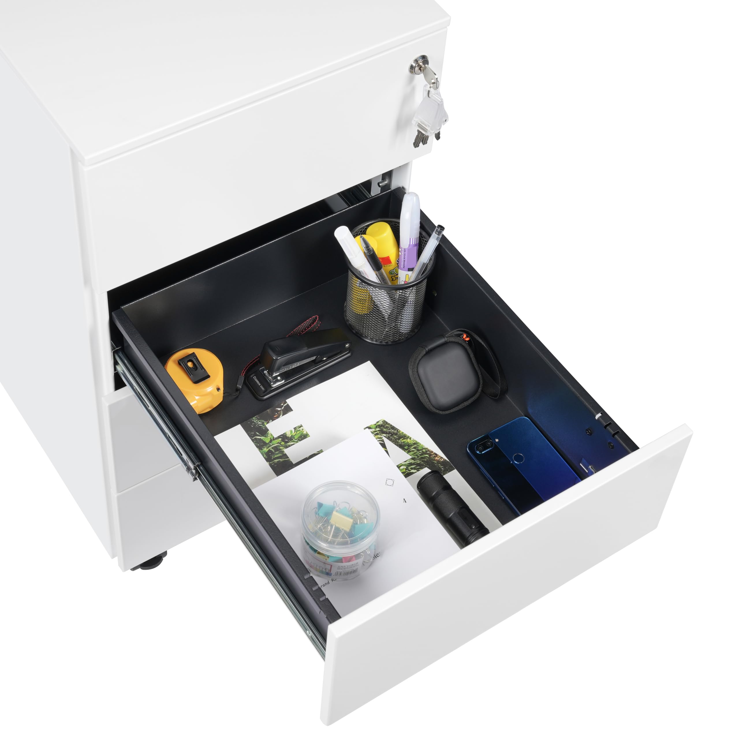 Rollcontainer mit Schubladen, Mobiler Aktenschrank unter Schreibtisch, Abschließbarer Büroschrank, Druckertisch, 4 Schubladen 4 Schlüssel, Vormontiert, Büro, Homeoffice, Weiß