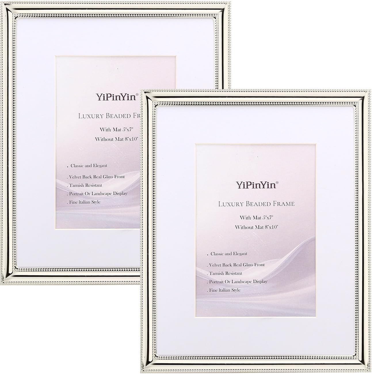 YiPinYin Classy Silver Plated 8x10''Photo Frame 2 pack,Classic Beaded Frame 8x10'' Mat 5x7'',Real Glass Front and Velvet Backing,Perfect Gifts and Treasured Memories
