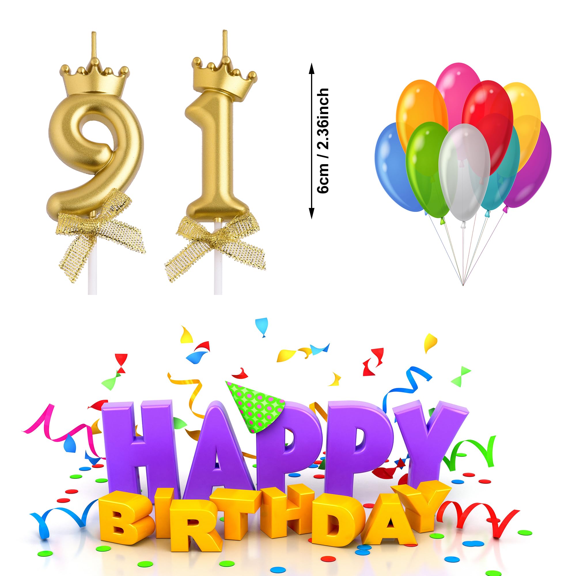 91st Birthday Number Candles Gold Crown Design - Cake Topper For 91 Year Old Men & Women Party Decor