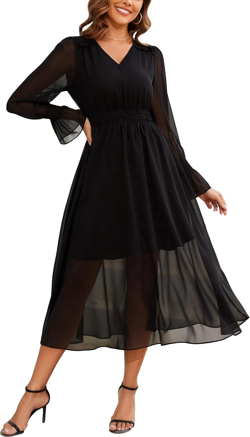 Kormei Women's Fall Maxi Dress Long Sleeve V Neck A Line Flowy Wedding Guest Cocktail Party Dresses