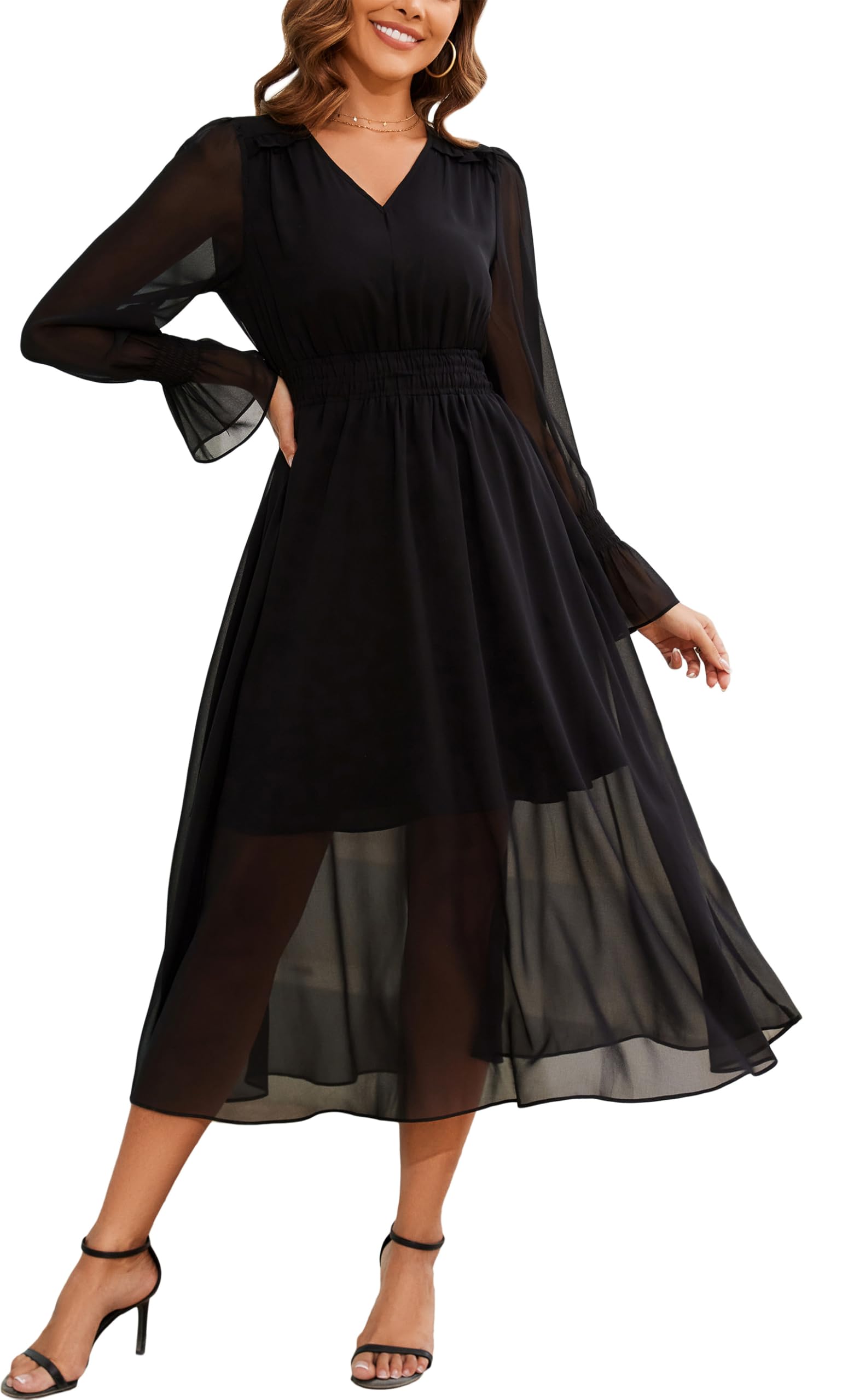 Kormei Women's Fall Maxi Dress Long Sleeve V Neck A Line Flowy Wedding Guest Cocktail Party Dresses