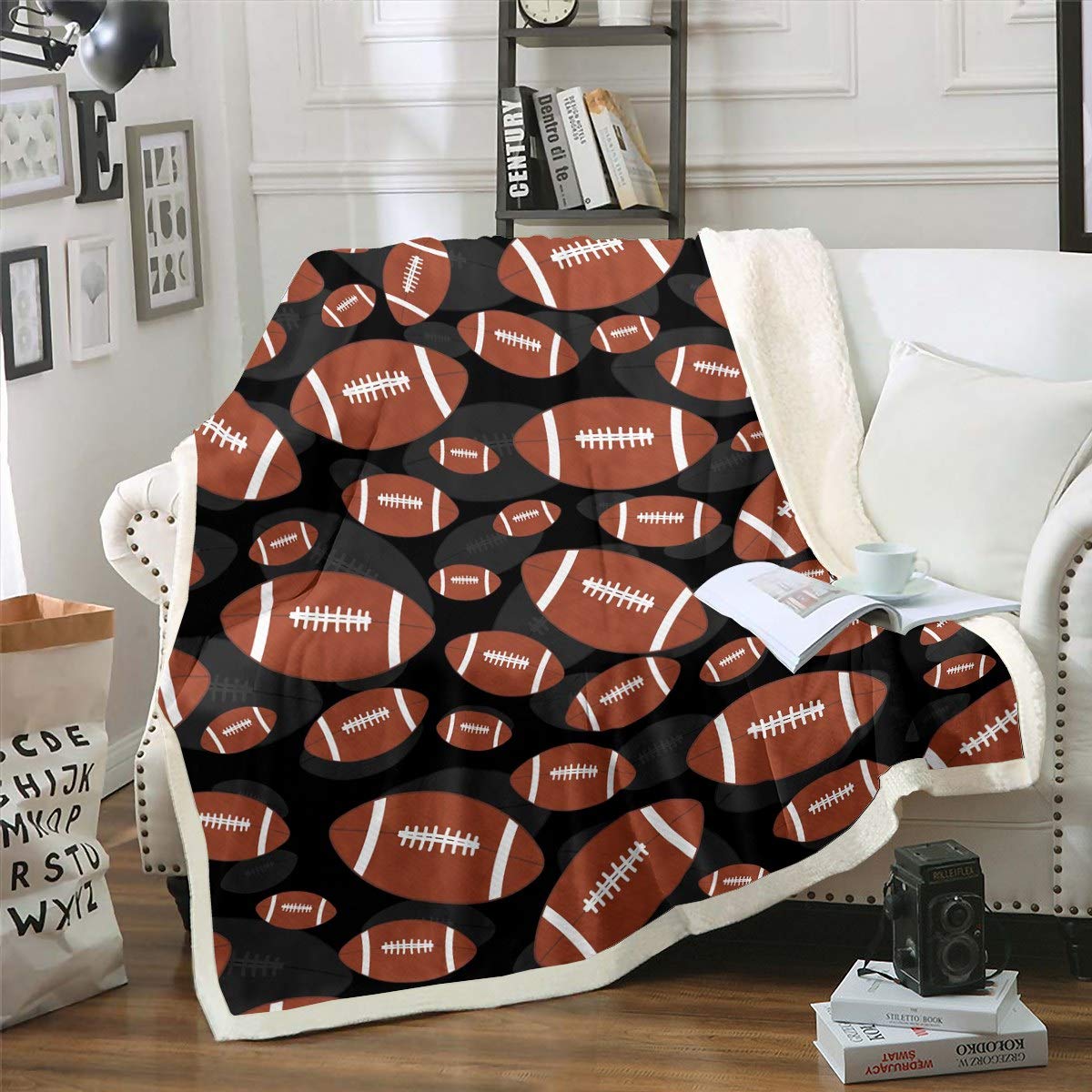 Football Fleece Throw Sports Theme Sherpa Blanket for Kids Boys Girls Rugby Game Ball Games Competition Fuzzy Blanket for Sofa Bed Couch,Twin 60x80