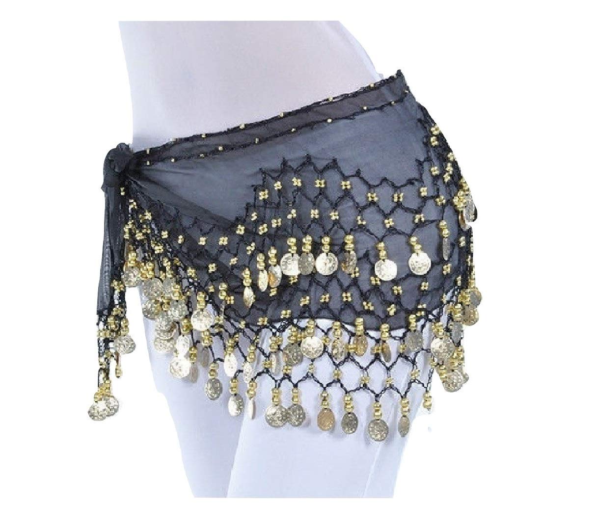 3 Rows Black Belly Dance Hip Scarf Wrap Belt Dancer Skirt Costume Gold Coins Uk (Black)