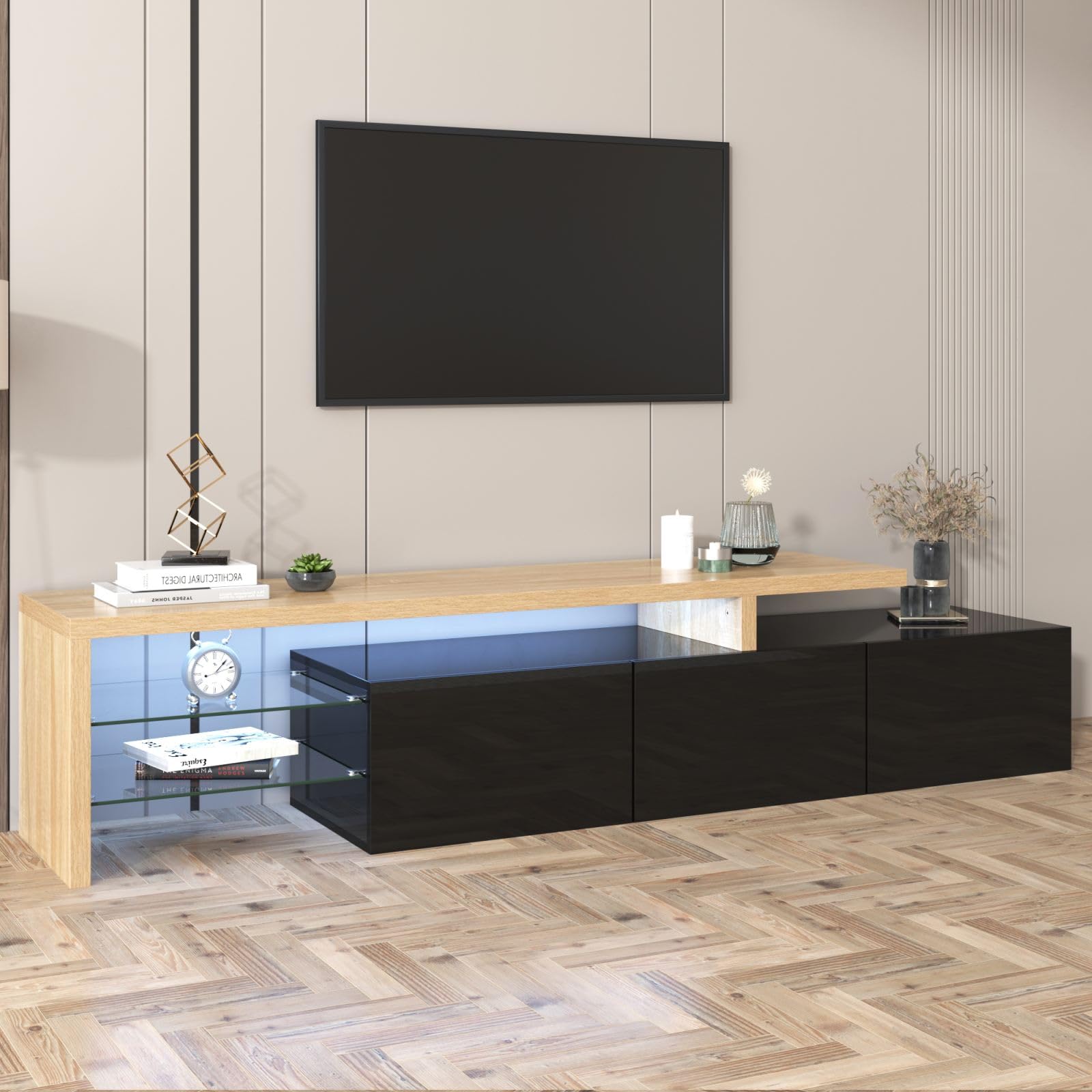 KOMHTOM Meuble TV blanc/noir avec LED, buffet avec 3 portes et 2 plateaux en verre, meuble multifonctionnel pour salon et chambre (Noir)