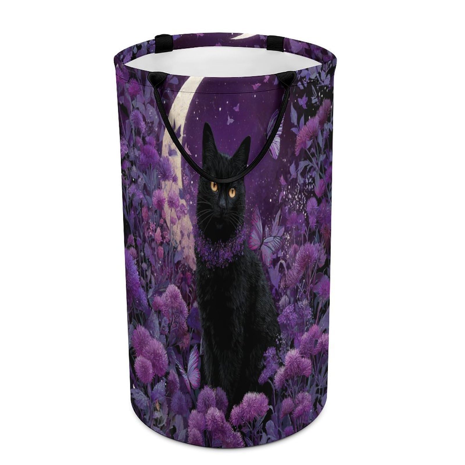 LUYYSKY Gothic Realistic Black Cats Collapsible Dirty Clothes Basket, Vintage Abstract Moon Animal Cats Butterflies Purple Flowers Portable Clothes Storage Basket