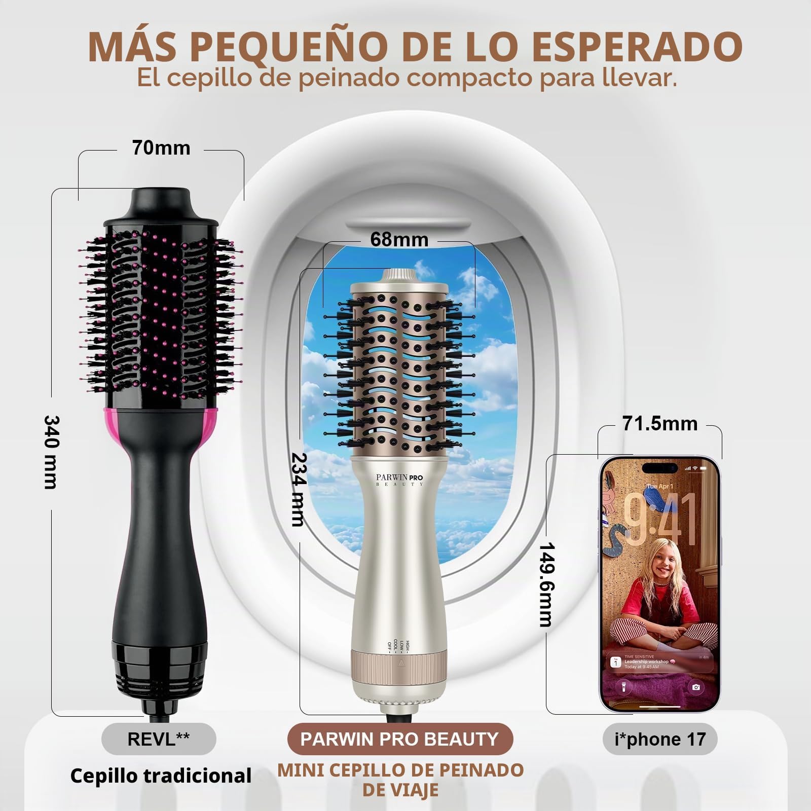 Mini cepillo de aire caliente de viaje, PARWIN PRO BEAUTY cepillo ovalado con doble voltaje automático 110–240 V, sin cambio manual, tecnología iónica, 3 temperaturas, enchufe UE y adaptador US
