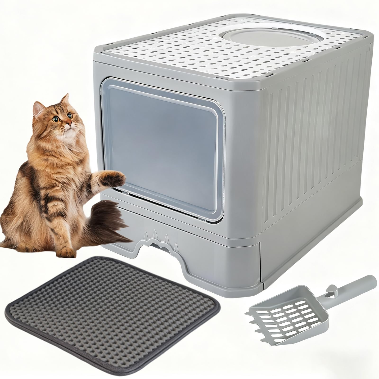 Cat Litter Box with Litter Mat, 19.7"x15.7"x15.7" Large Litter Box for Big Cats, Enclosed Removable Litter Boxs, Front in, Top Out, Odor Control, Easy to Clean (Grey)