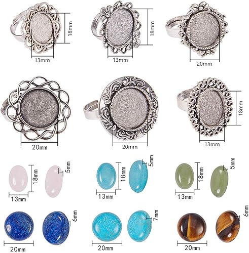 Miniatura 9 de SUNNYCLUE 16 piezas DIY 8 juegos de anillos bisel en blanco piedra natural cabujones estilo antiguo anillo de dedo ajustable componentes en blanco