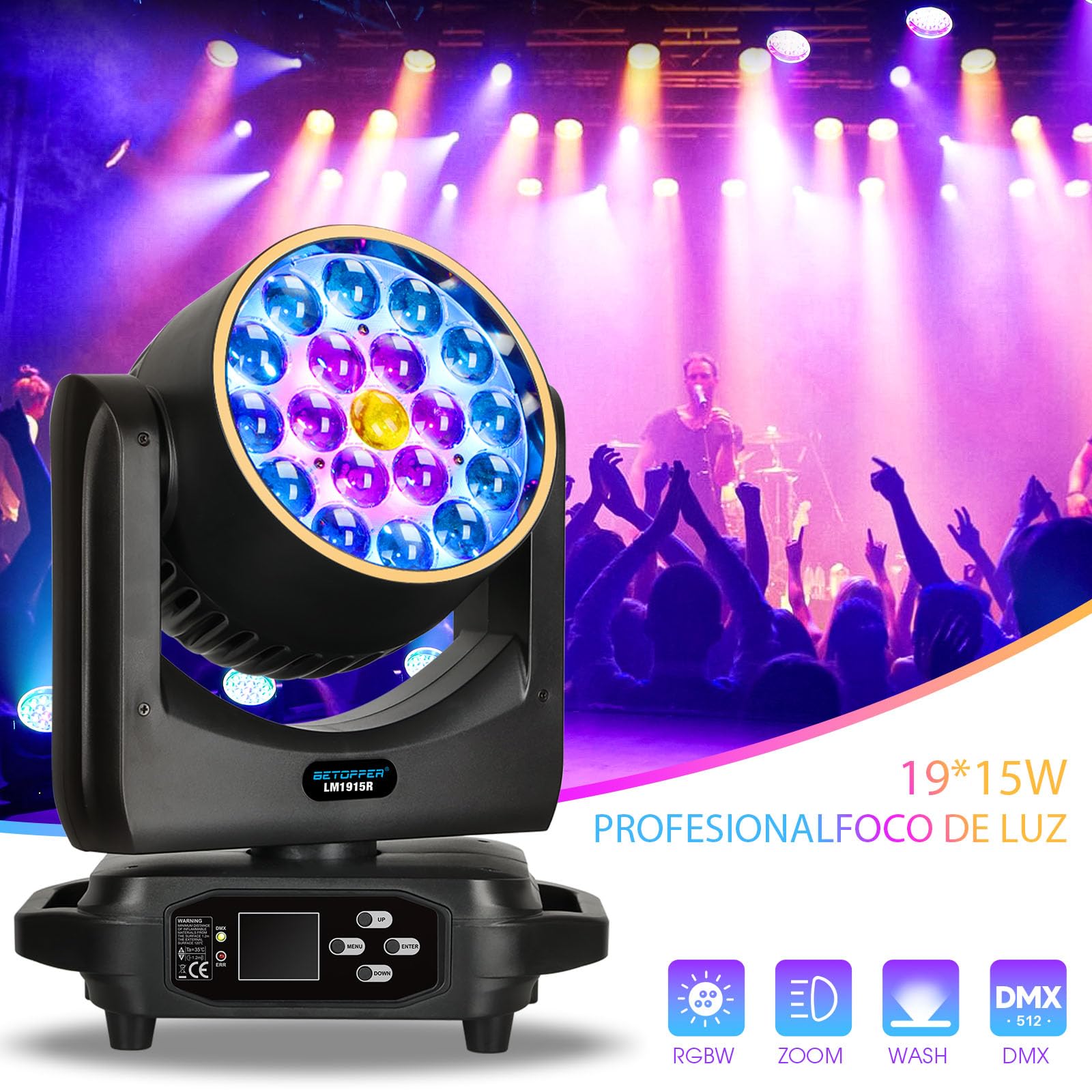 BETOPPER Cabezal Móvil LED RGBW 19x15W, Luz DJ Profesional 4 en 1 Control DMX, Efectos Luz Disco, Nube y Tira LED,Fiestas, Bodas, Discotecas,RGBW + Blanco Ajustable 3000K-6500K