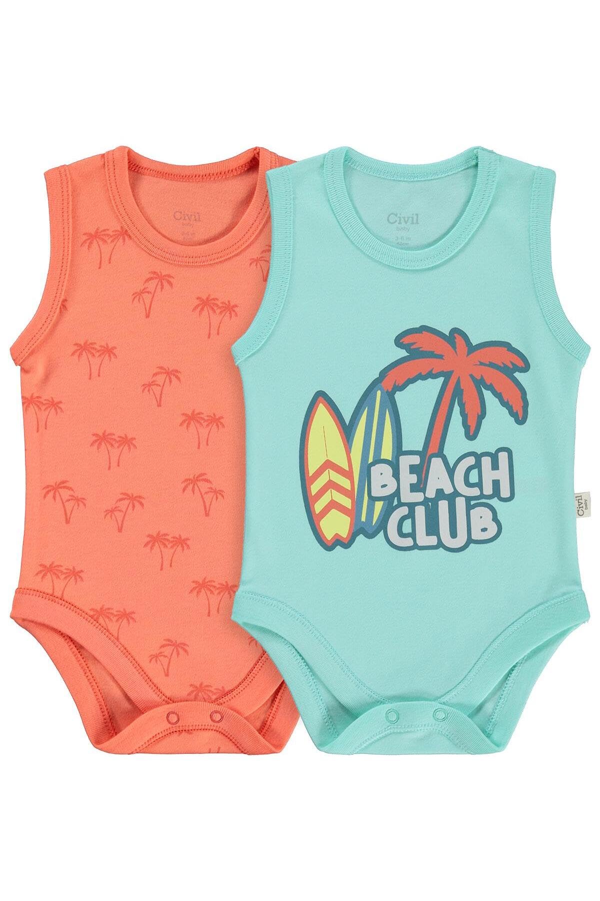 Civil Baby Palmiye Baskılı 2'li Set Çıtçıtlı Badi, Mercan-Mint, 9-12 Ay