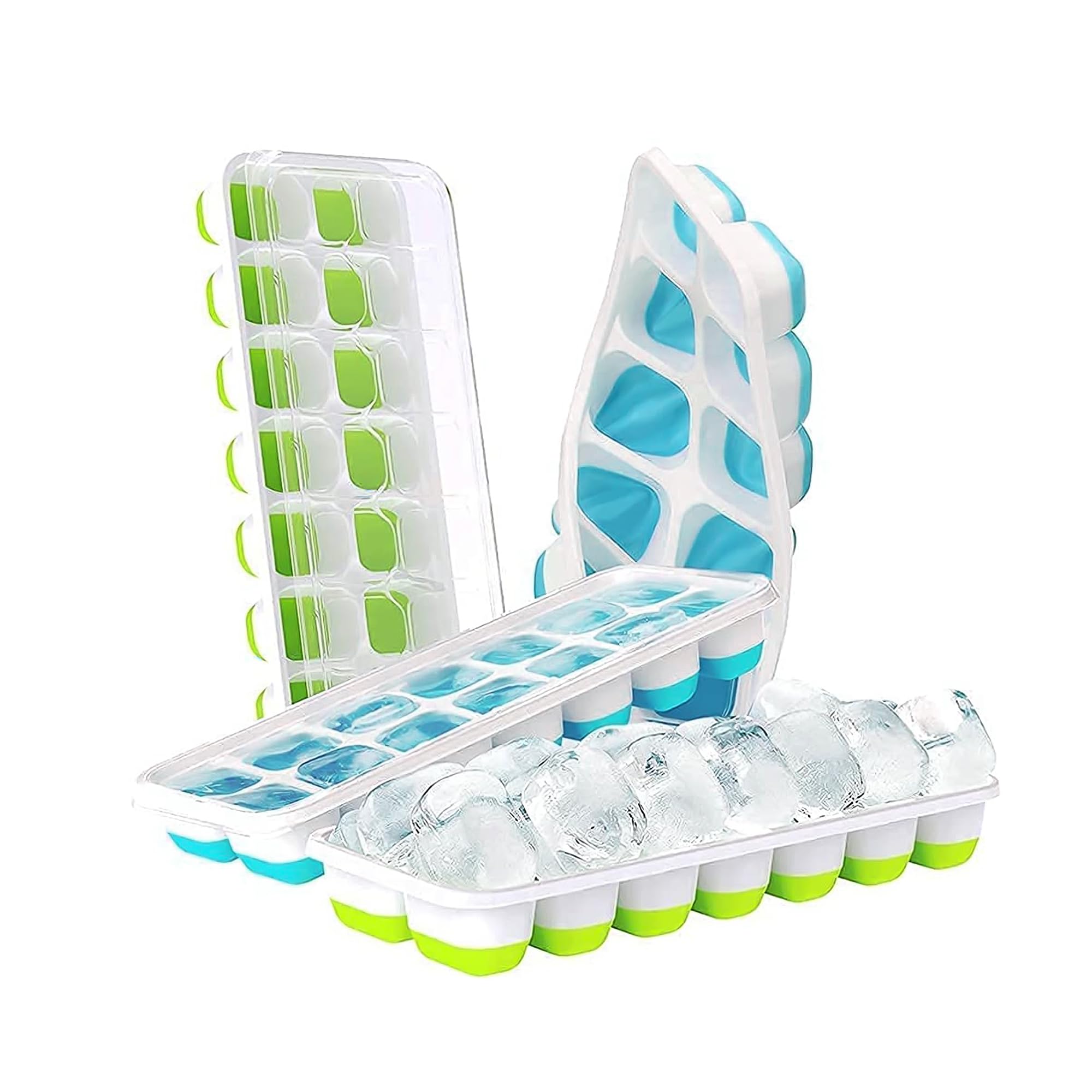 Silicone Ice Cube Tray with Lids 2 Pack - Easy Release, Spill-Resistant, baby food, 14 Flexible Ice Cubes for Cocktails, Freezer, Stackable Design (Silicone Ice Cube Trays in Green and Blue Colors)