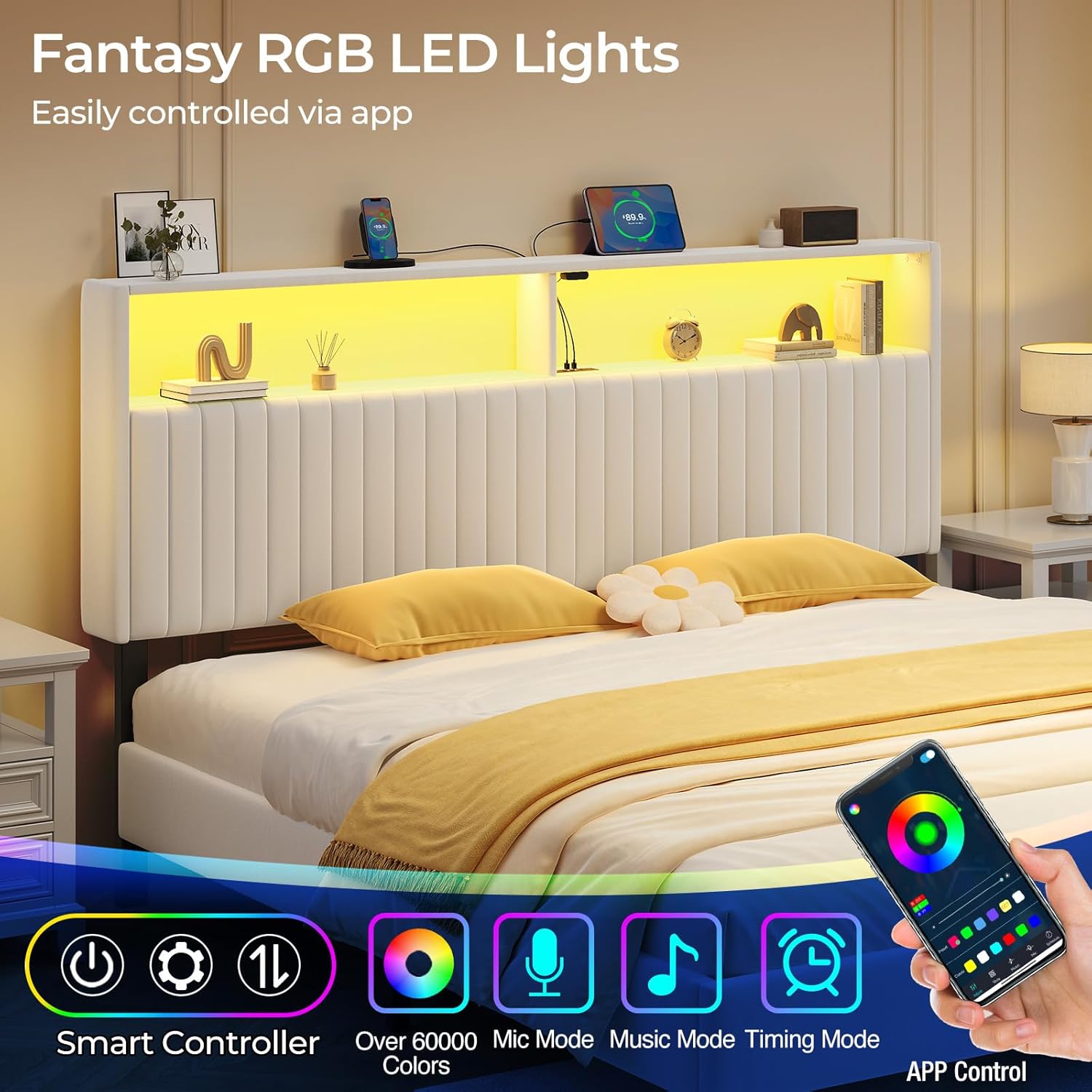 Rolanstar Headboard for King Size Bed with Storage, Head Board with USB & Type C Port, 60,000 DIY Color of LED Light, Velvet Upholstered, Height Adjustable, Sturdy, Easy Assembly, White