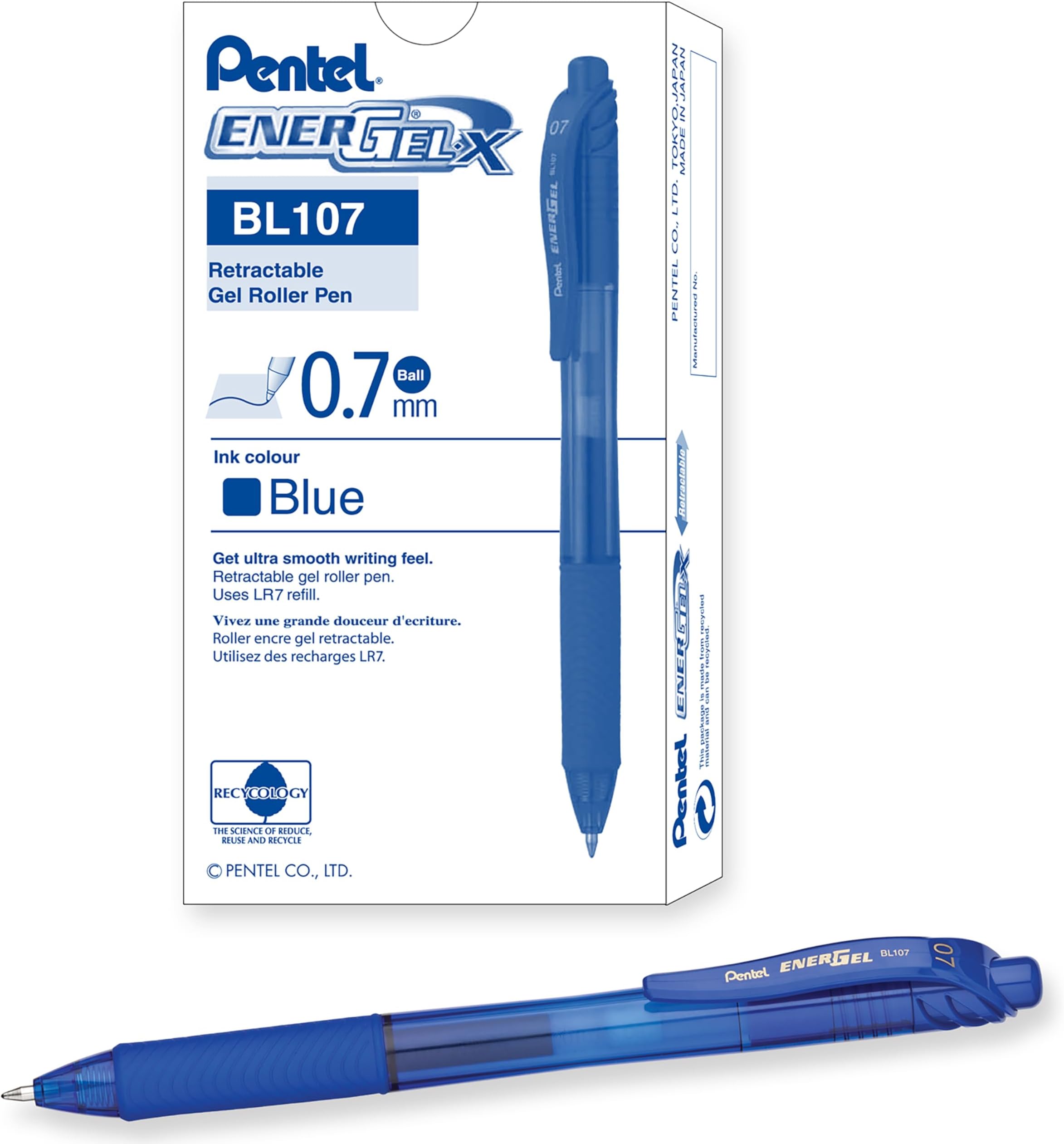 Pentel EnerGel-X Retractable Liquid Gel Pen (0.7mm) Metal Tip, Blue Ink, Box of 12 (BL107-C)