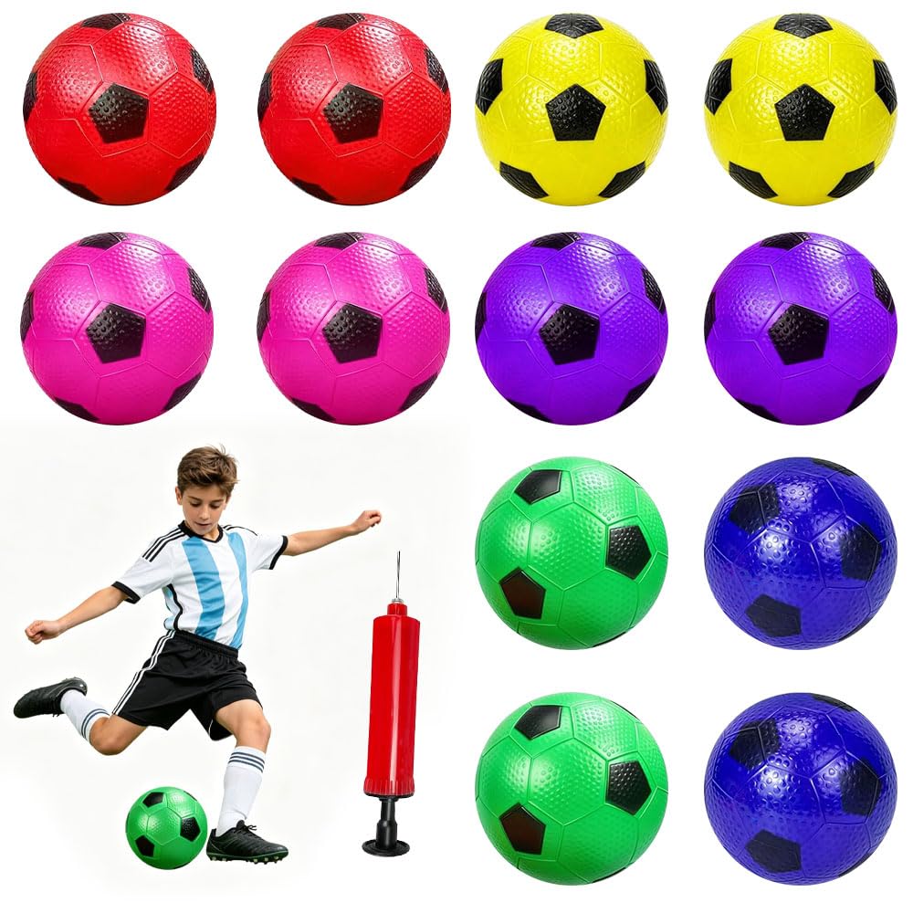 JOAASU Small Football for Kids, 12 Pcs Inflatable PVC Footballs with Pump, 10 cm Soft Sports Balls, Mini Footballs in 6 Colours for Indoor, Outdoor, Playground, Park, Beach and Pool